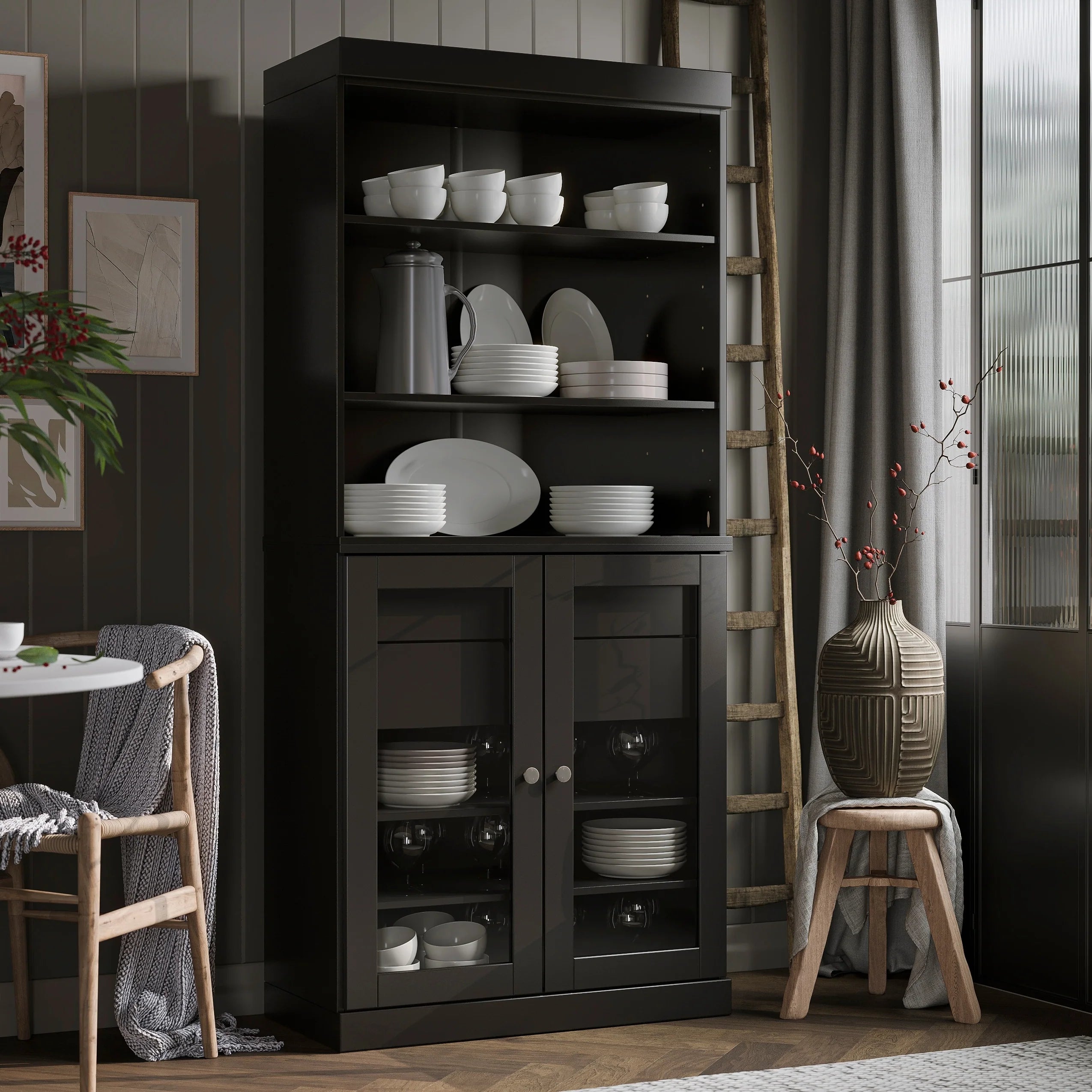 100% Solid Wood Kitchen Pantry Cabinet with 2 Clear Glass or Solid Wood Doors and 2-Drawer Organizer by Palace Imports