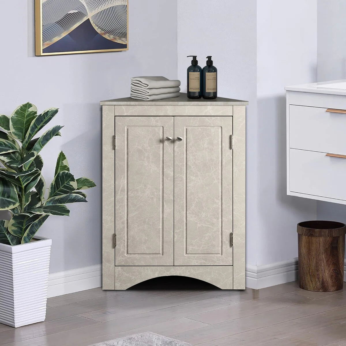 Modern Stylish Triangle Corner Storage Cabinet with Two Adjustable Internal Shelves