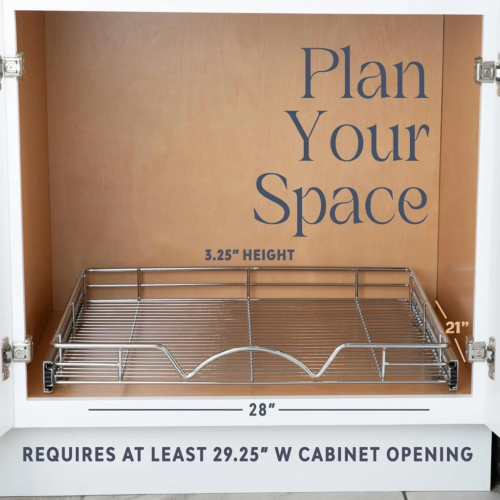 Pull Out Cabinet Drawer Organizer, Heavy Duty- Steel Metal- Chrome Finish