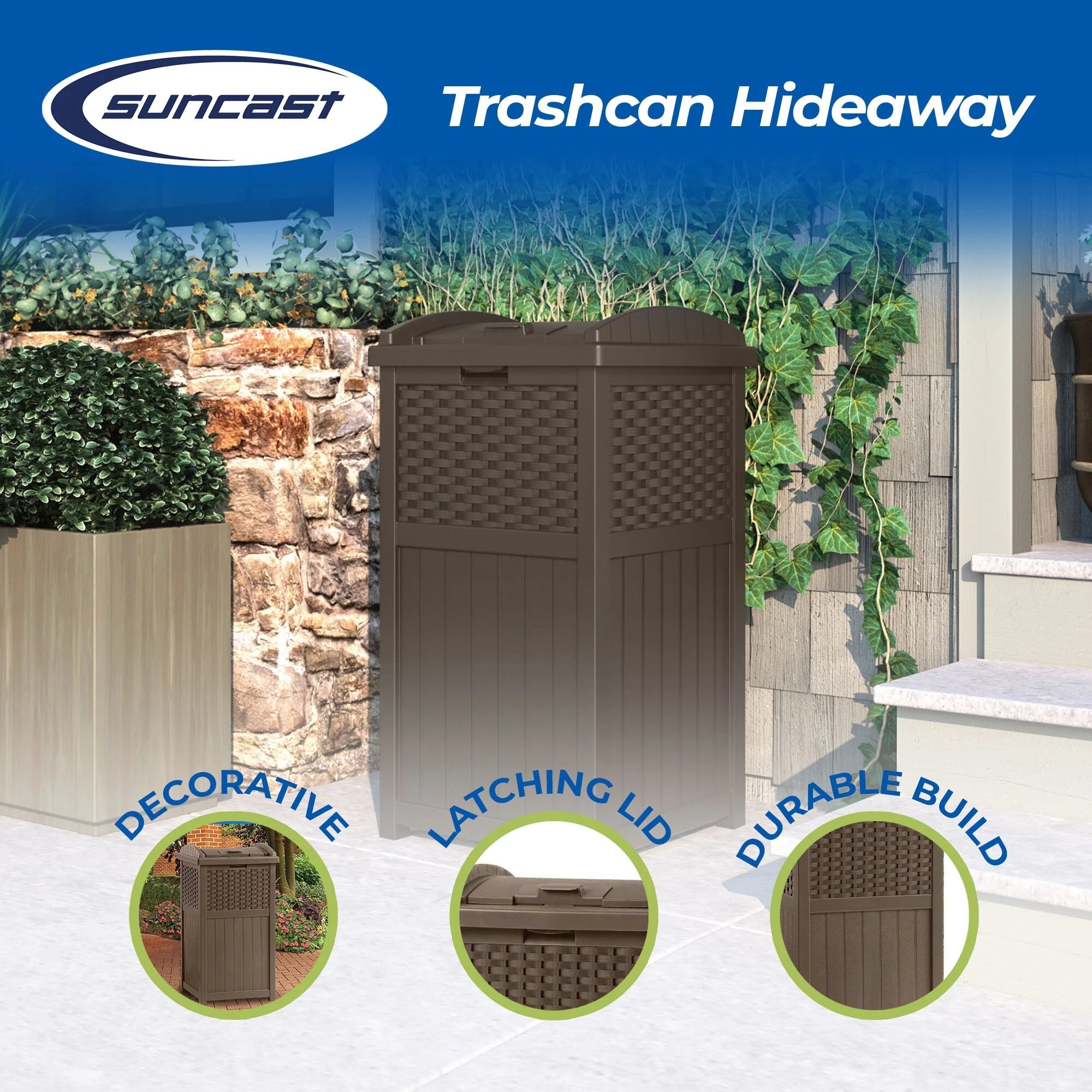 Suncast Trash Hideaway 33 Gallon Resin Wicker Outdoor Garbage Container (4 Pack)