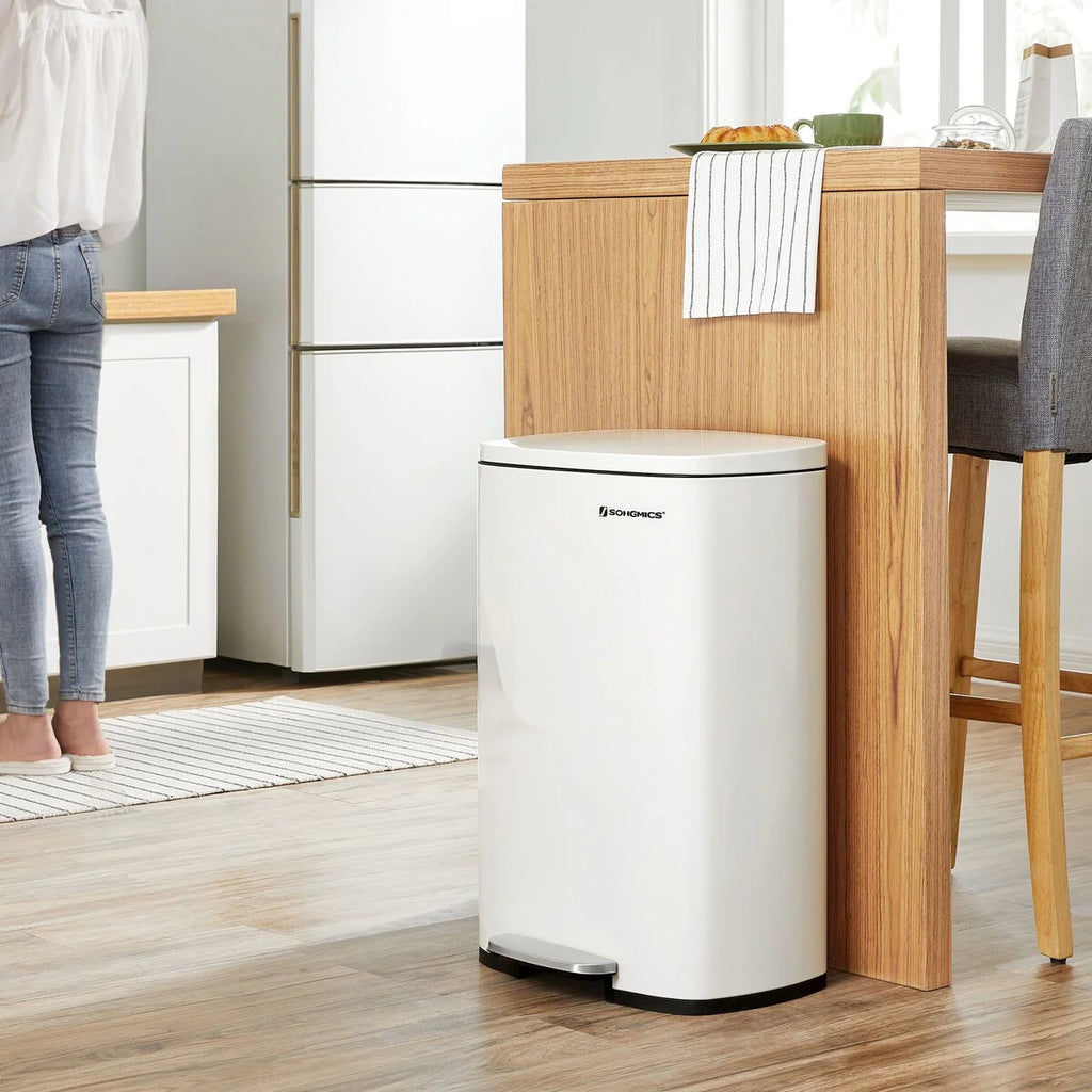SONGMICS 13.2 Gallon Trash Can, Stainless Steel Garbage Can, White