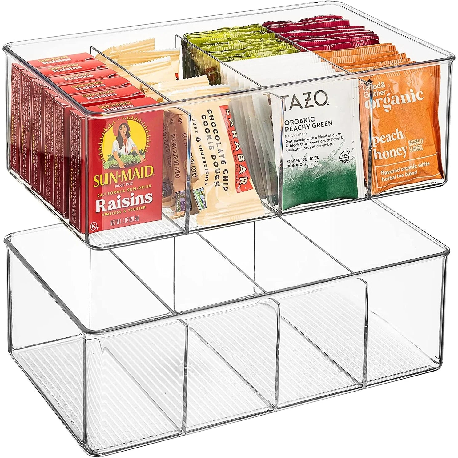 Sorbus Storage Bins with Dividers for Pantry Food & Kitchen Fridge, Clear Design (2-Pack)