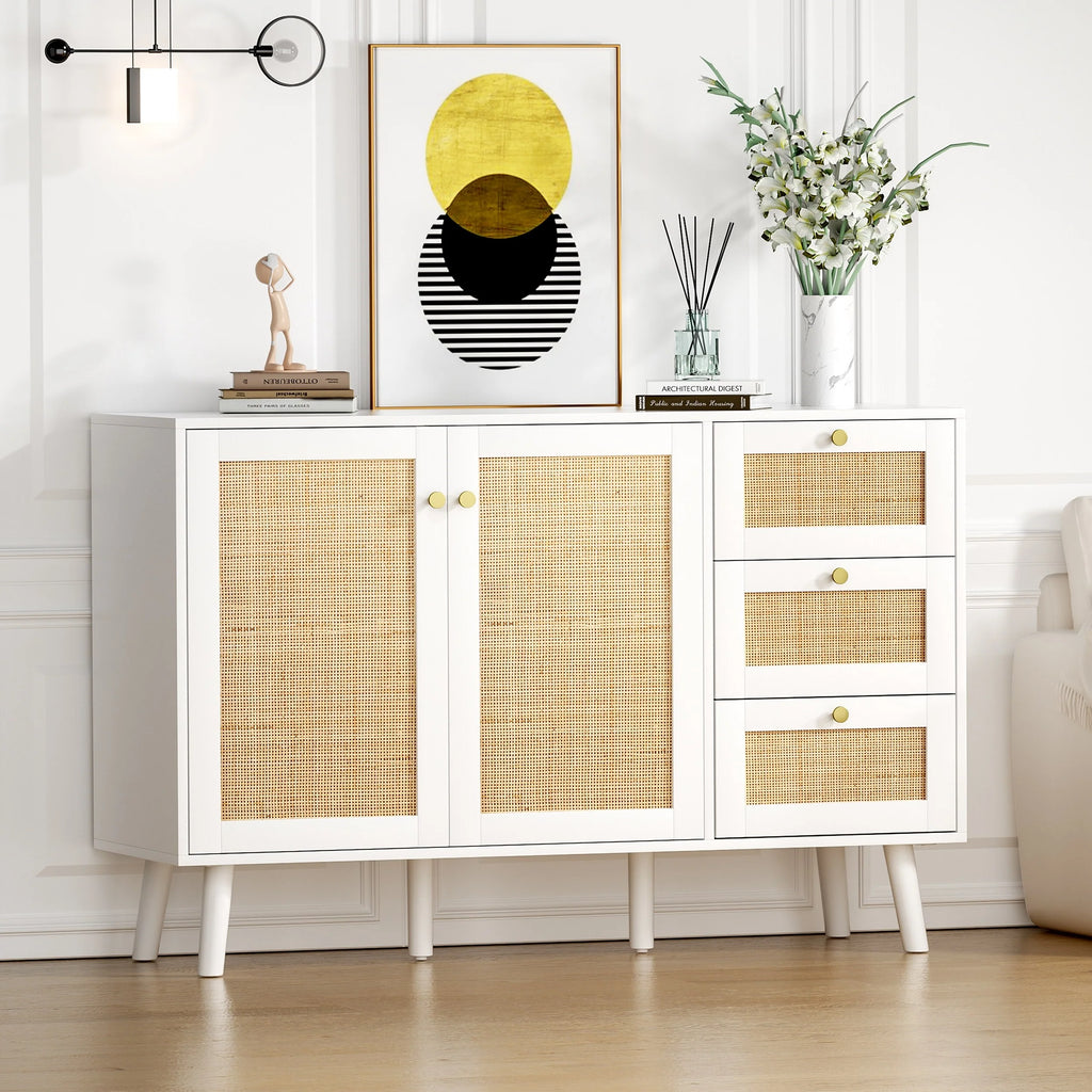 Anmytek Mid-Century Modern 2-Door Wood Rattan Buffet Sideboard Kitchen Storage Cabinet with 3 Drawers