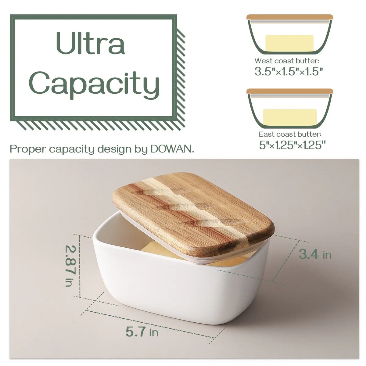 DOWAN 6.5" Large Butter Dish - Ceramic Butter Dish with Lid, White