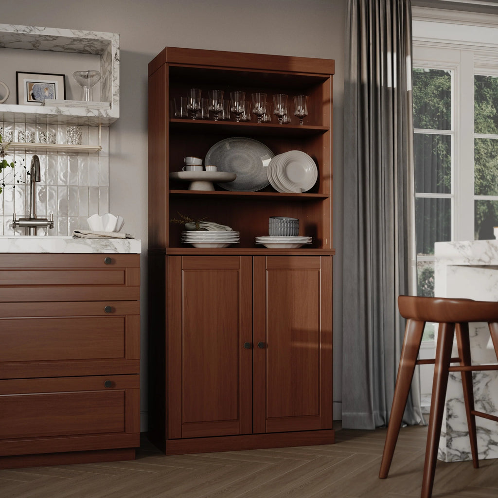 100% Solid Wood Kitchen Pantry Cabinet with 2 Clear Glass or Solid Wood Doors and 2-Drawer Organizer by Palace Imports