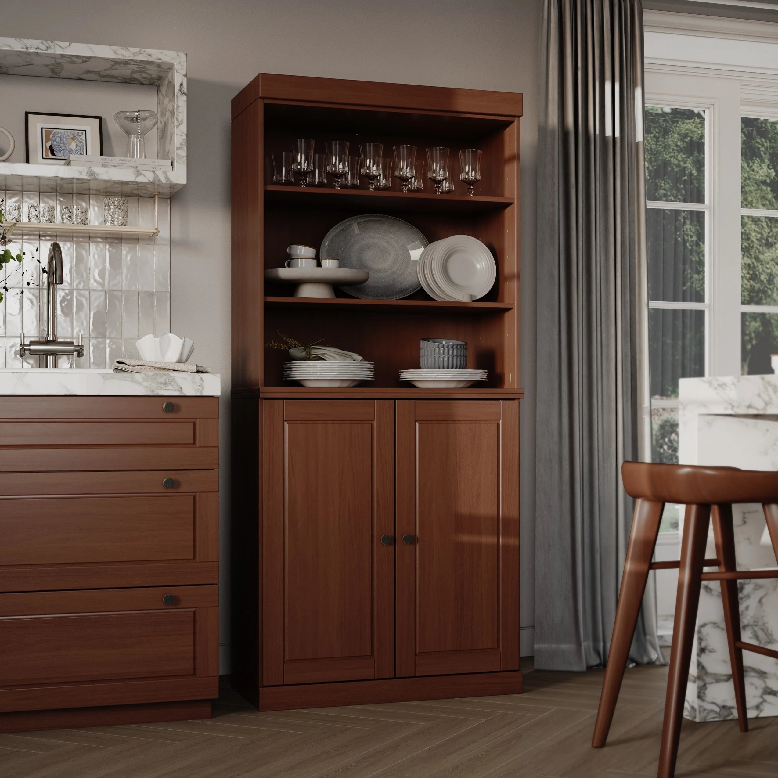 100% Solid Wood Kitchen Pantry Cabinet with 2 Clear Glass or Solid Wood Doors and 2-Drawer Organizer by Palace Imports