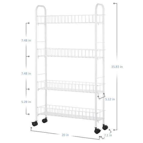 4 Tier Slim Slide Out Storage Rack with Wheels Storage Basket, White