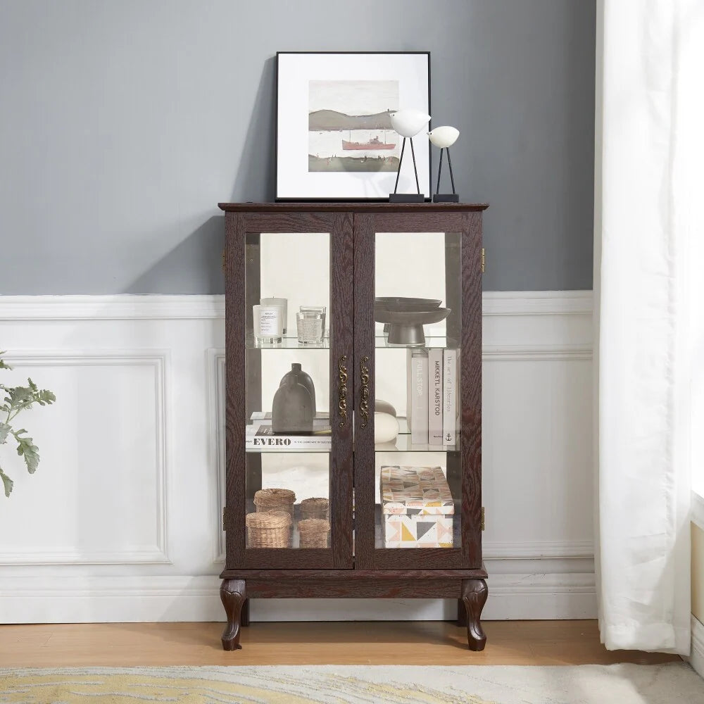 Curio Cabinet with Tempered Glass Doors and Adjustable Shelves Light Bulb Included