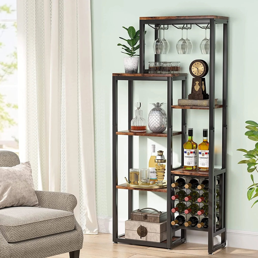 5-Tier Freestanding Floor Wine Baker Rack with Glass Holder & Wine Storage, Industrial Wine Display for Bar, Dining Room - N/A