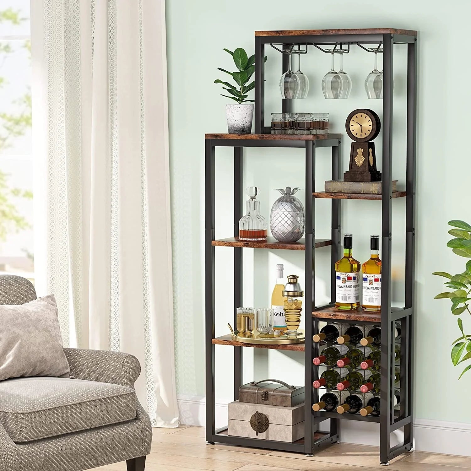 5-Tier Freestanding Floor Wine Baker Rack with Glass Holder & Wine Storage, Industrial Wine Display for Bar, Dining Room - N/A