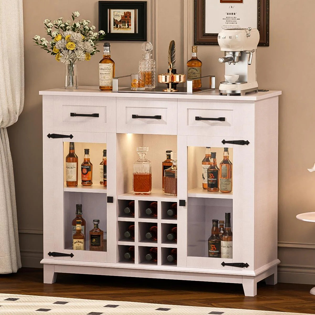 47" Farmhouse Bar Cabinet with Storage and LED - N/A