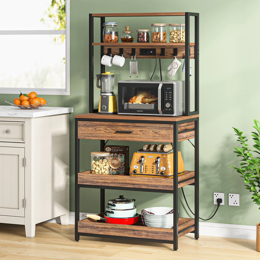 Kitchen Bakers Rack with Power Outlets, High Utility Storage Shelves Microwave Stand with Drawers