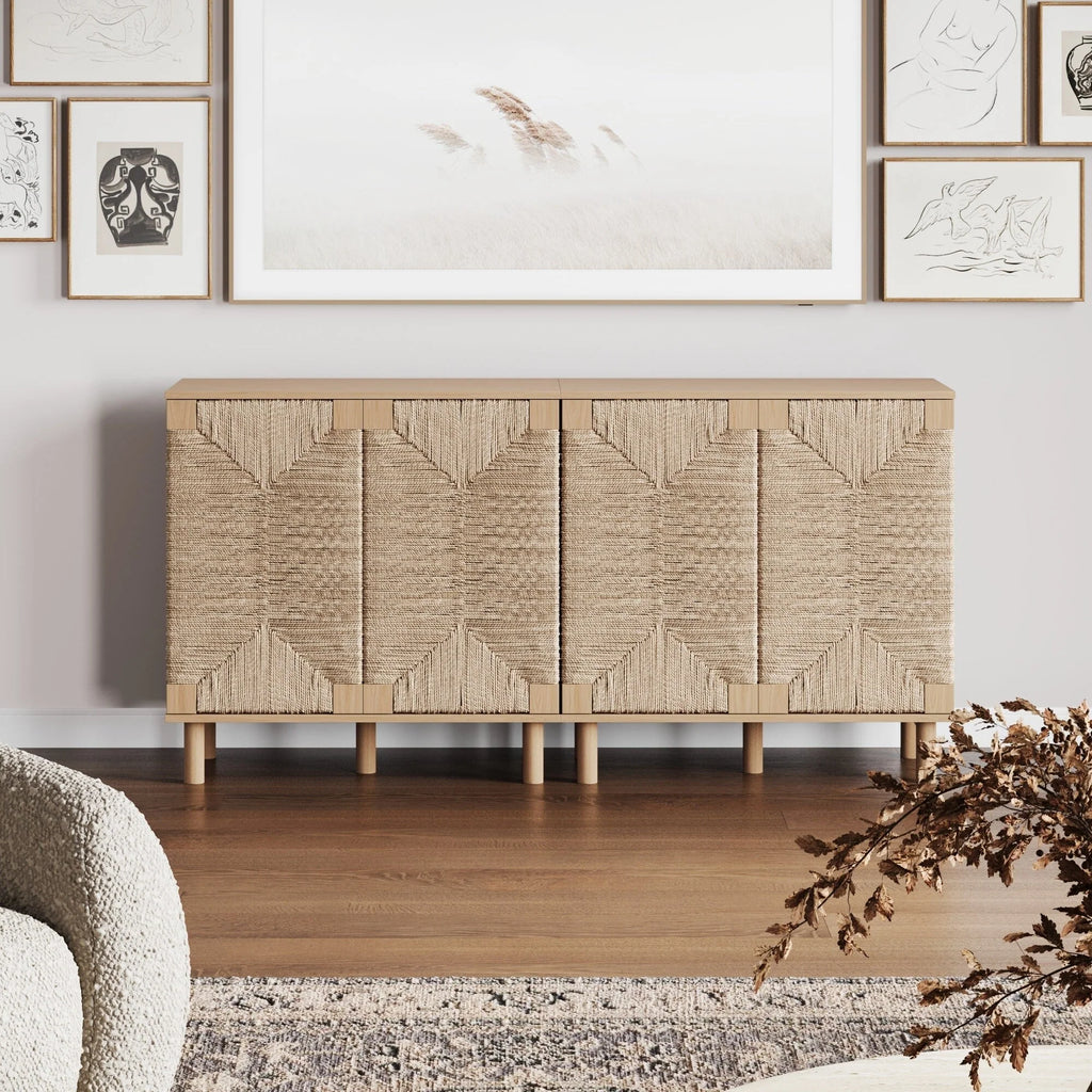 Nathan James Beacon Wood Accent Cabinet with Seagrass Doors and Adjustable Shelf