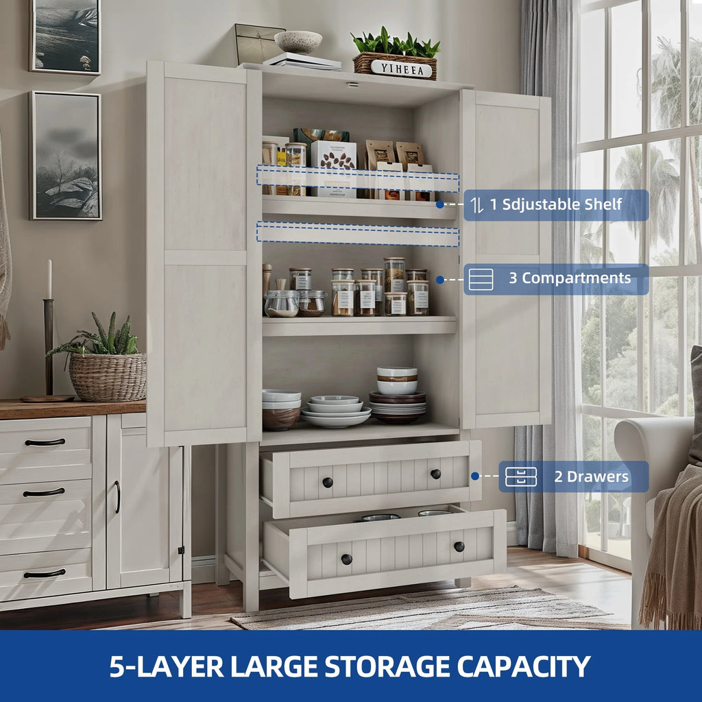 Moasis 64" Farmhouse Tall Kitchen Pantry Storage Cabinet with 2 Drawers & Doors