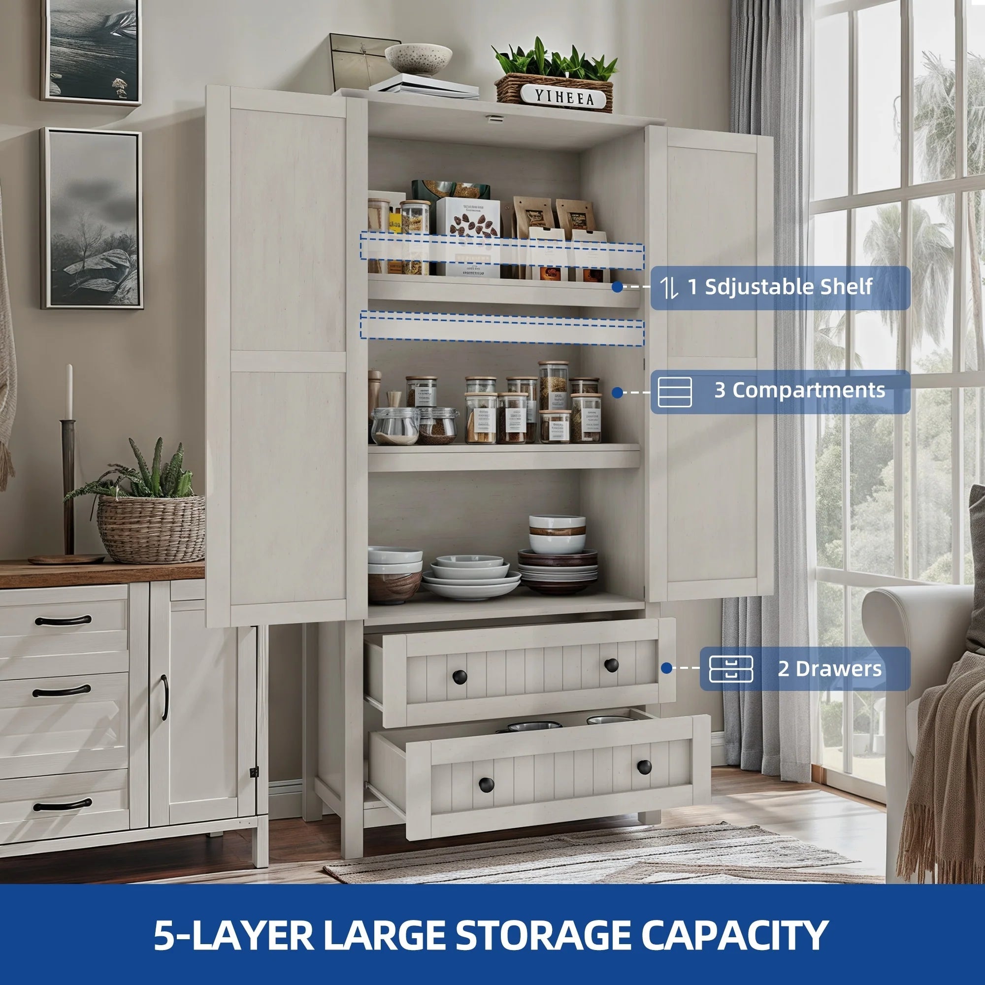 Moasis 64" Farmhouse Tall Kitchen Pantry Storage Cabinet with 2 Drawers & Doors