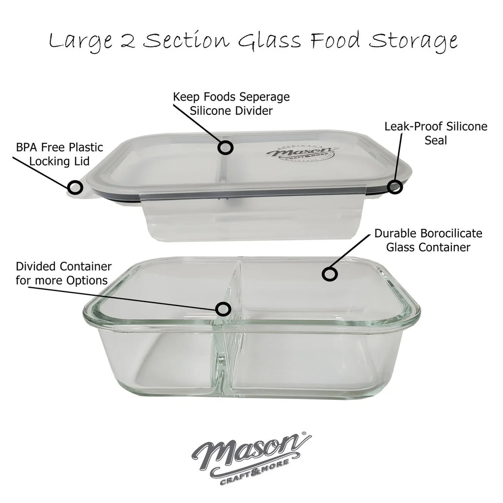 Mason Craft & More 33oz Rectangular 2.5 Section Glass Food Storage with Gray Gasket - Set of 6
