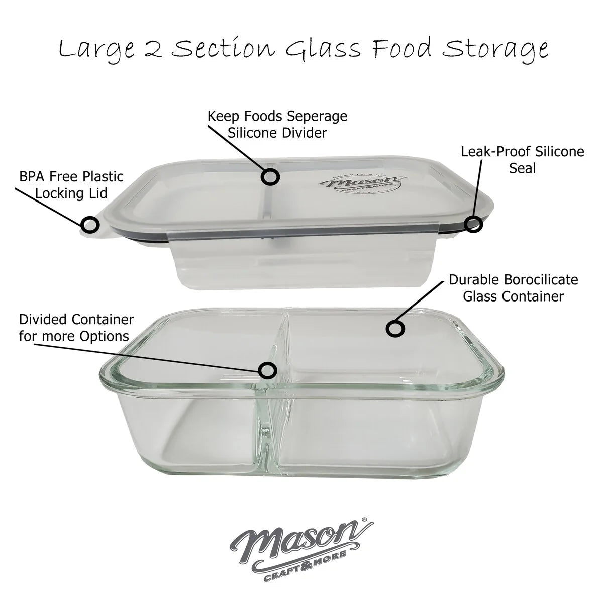 Mason Craft & More 33oz Rectangular 2.5 Section Glass Food Storage with Gray Gasket - Set of 6