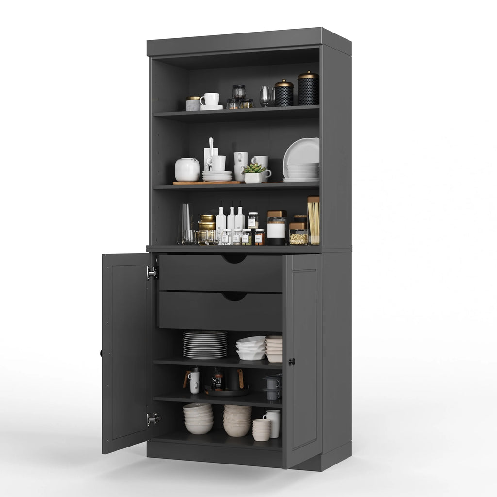 100% Solid Wood Kitchen Pantry Cabinet with 2 Clear Glass or Solid Wood Doors and 2-Drawer Organizer by Palace Imports