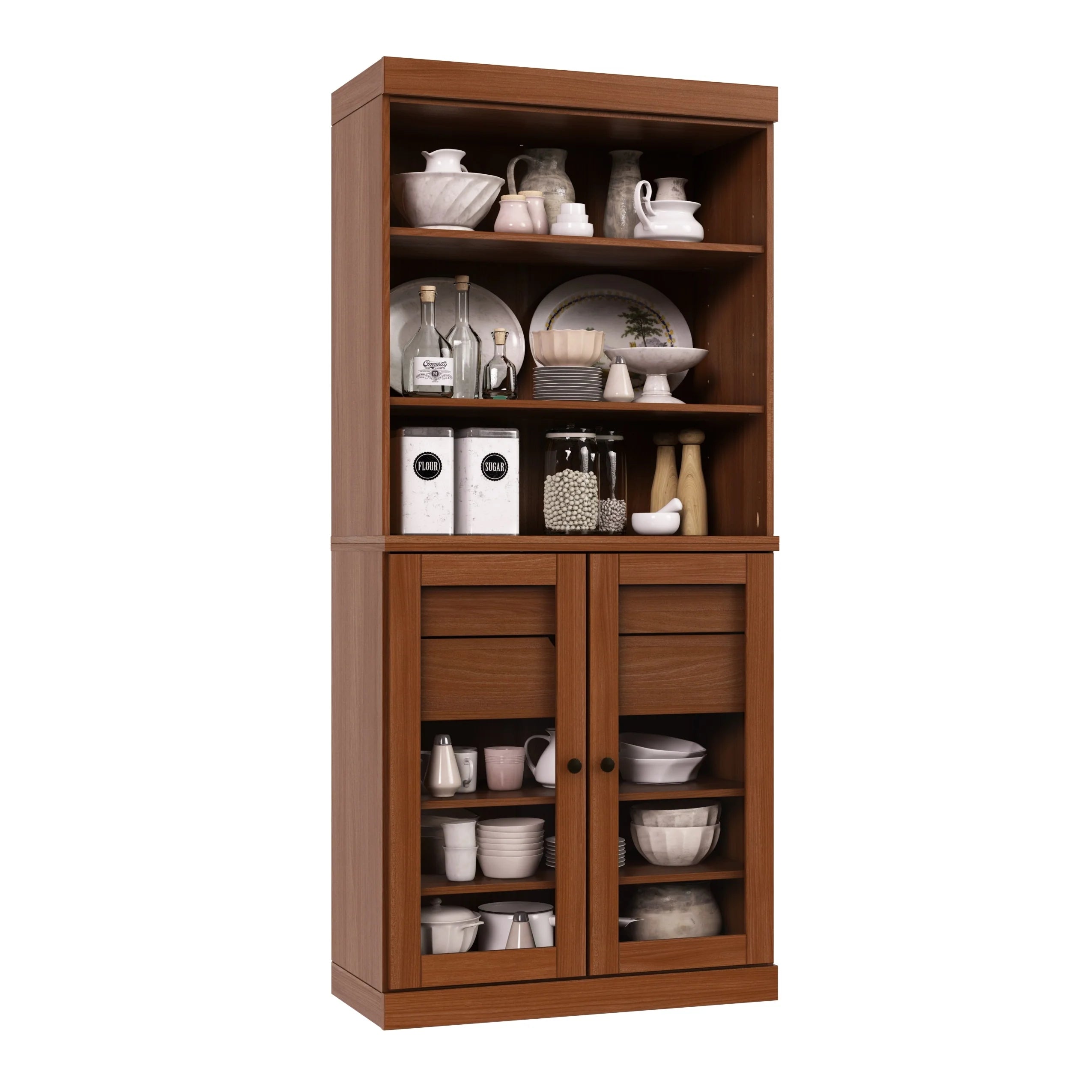 100% Solid Wood Kitchen Pantry Cabinet with 2 Clear Glass or Solid Wood Doors and 2-Drawer Organizer by Palace Imports