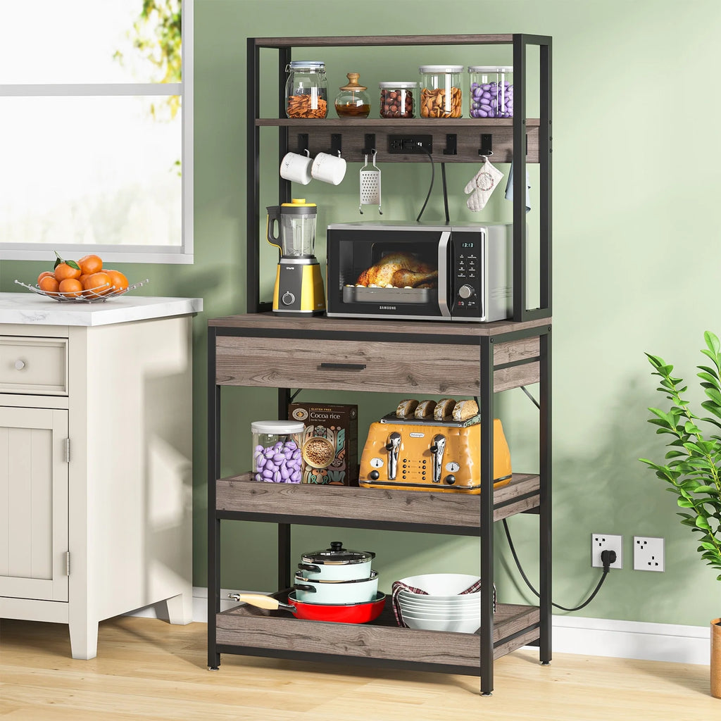 Kitchen Bakers Rack with Power Outlets, High Utility Storage Shelves Microwave Stand with Drawers