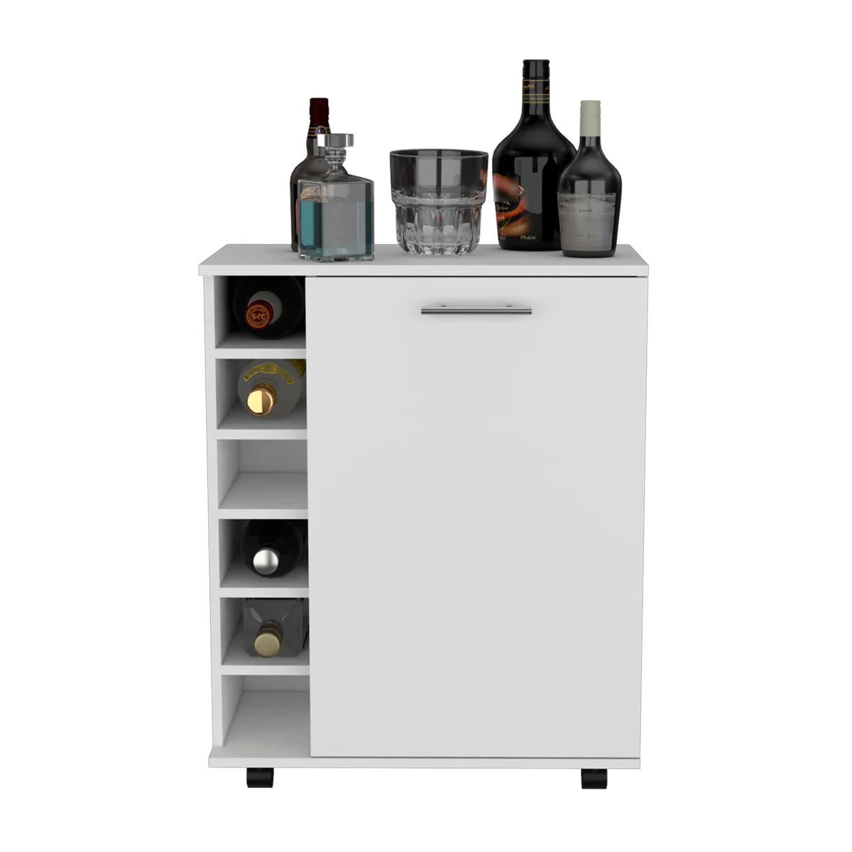 32" H white bar -coffee cart,living room cabinet storage with 4 wheels, with 6 bottle racks, a central shelf covered by 1 door