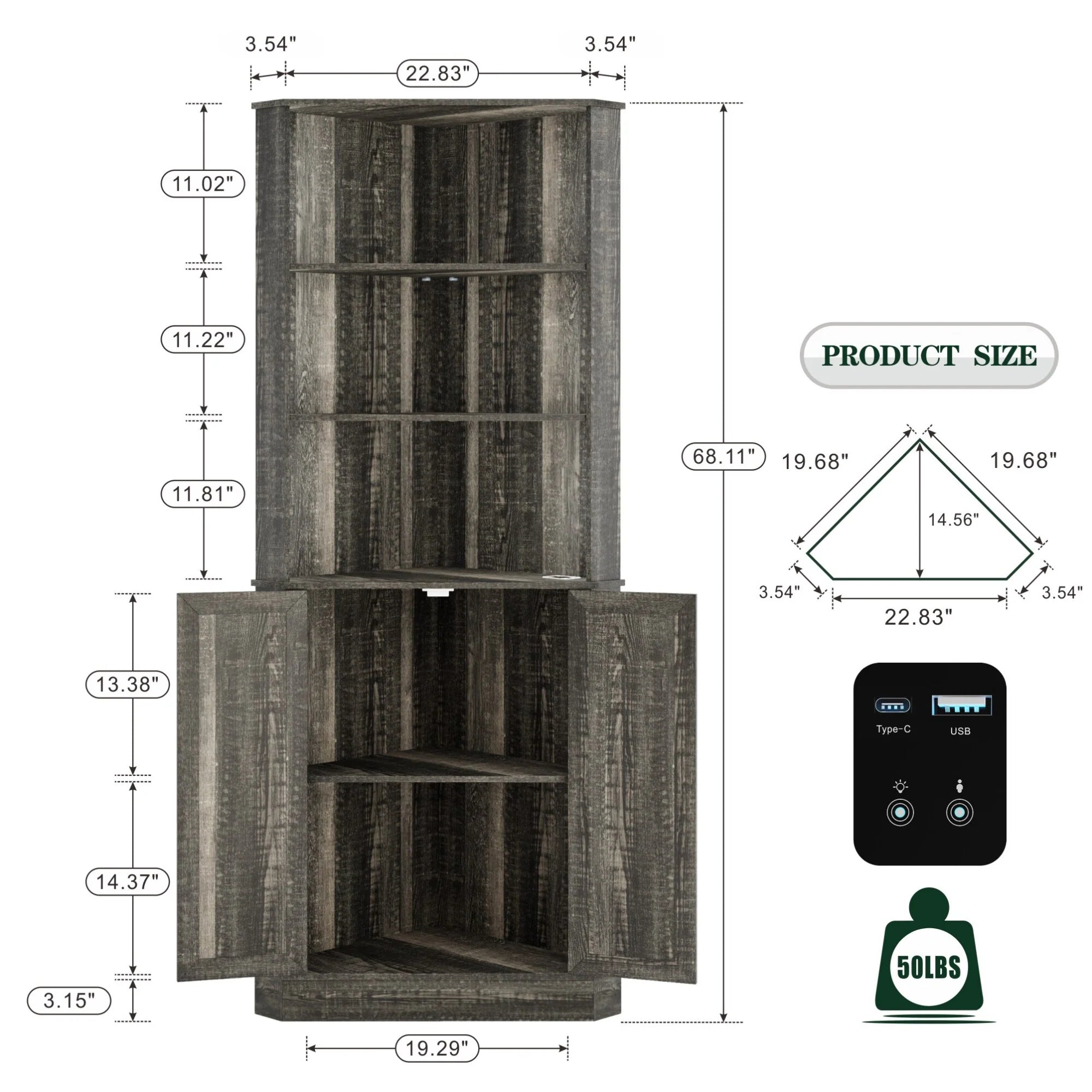 66" Tall Corner Cabinet With Led Light