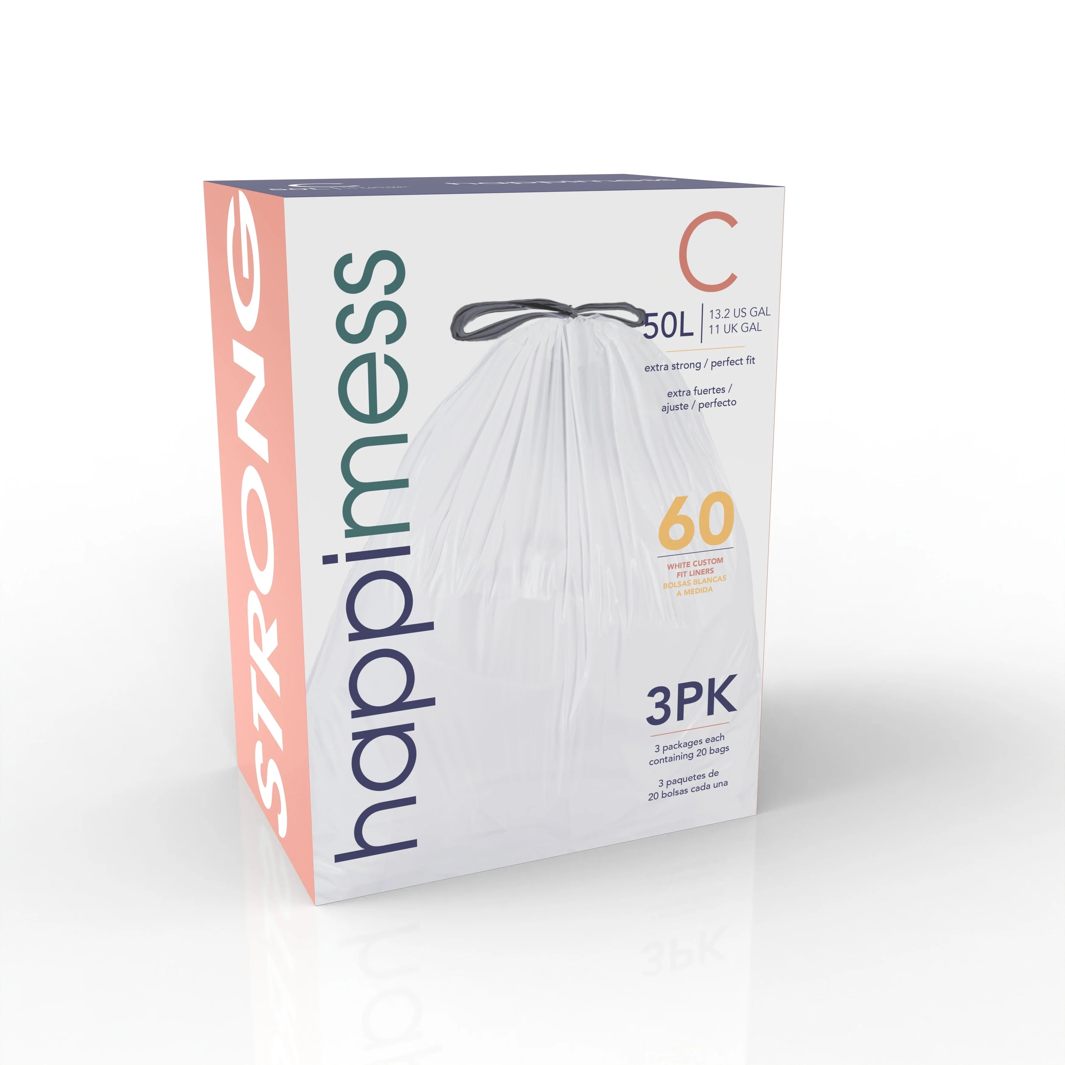 happimess 13.2 Gallon Drawstring Trash Can Liner, White (60-Count, 3-Packs of 20 Liners)