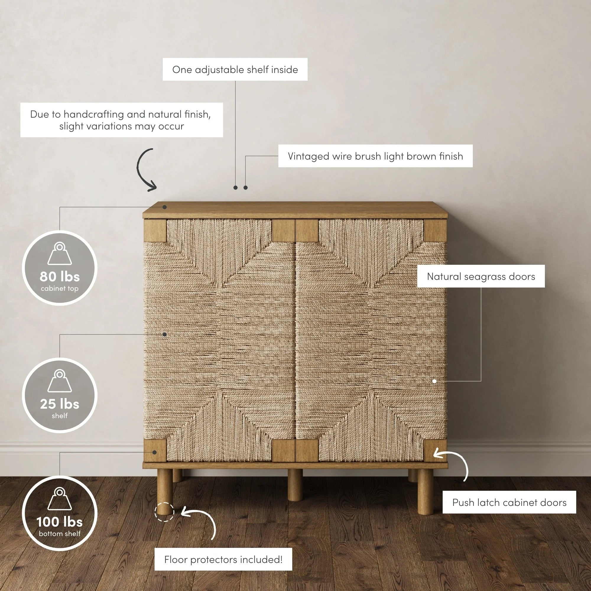 Nathan James Beacon Wood Accent Cabinet with Seagrass Doors and Adjustable Shelf