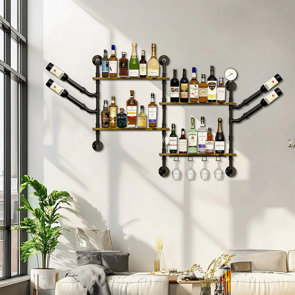 Industrial Pipe Wall Mounted Wine Rack Holder Corner Wine Storage Shelf 4 Tiers