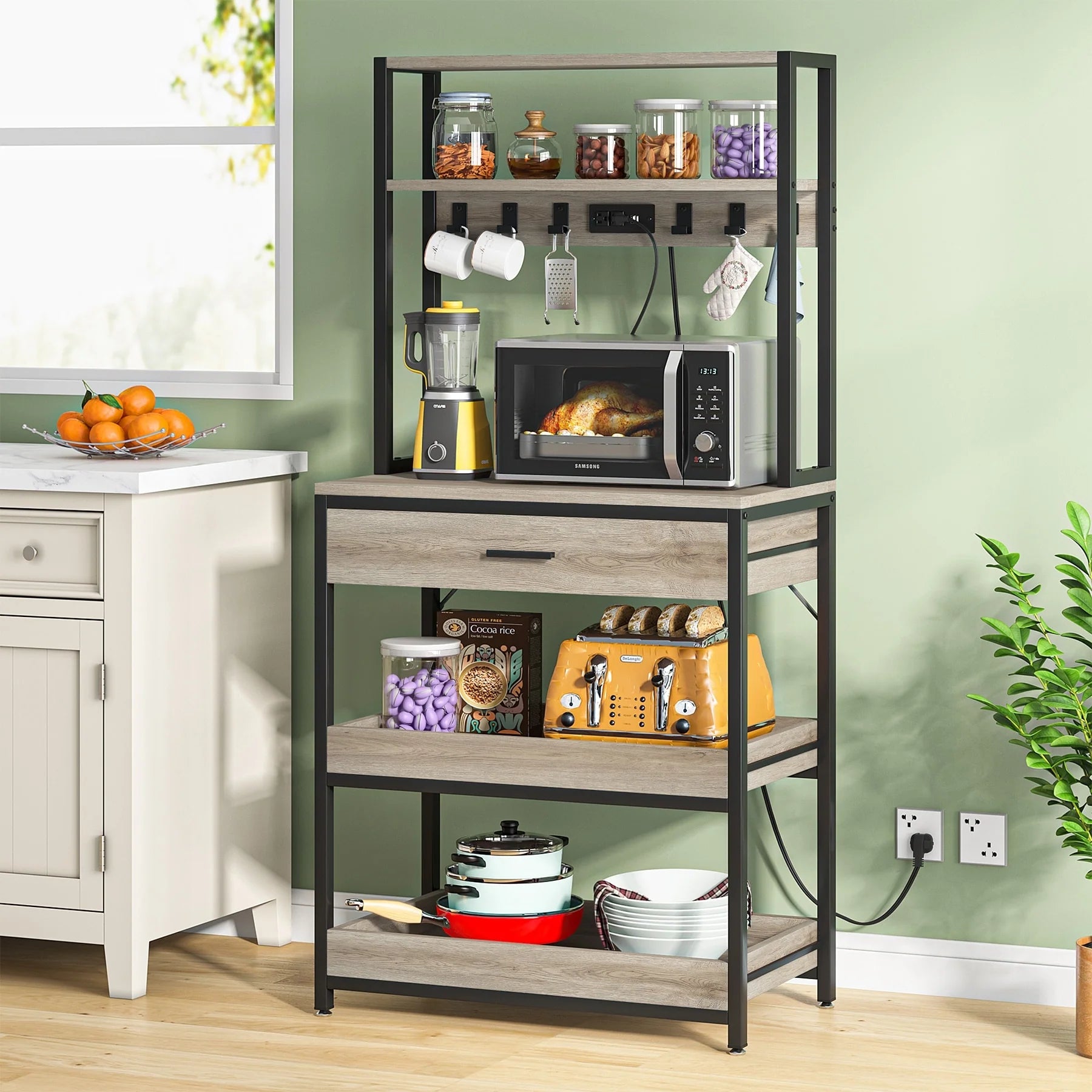 Kitchen Bakers Rack with Power Outlets, High Utility Storage Shelves Microwave Stand with Drawers