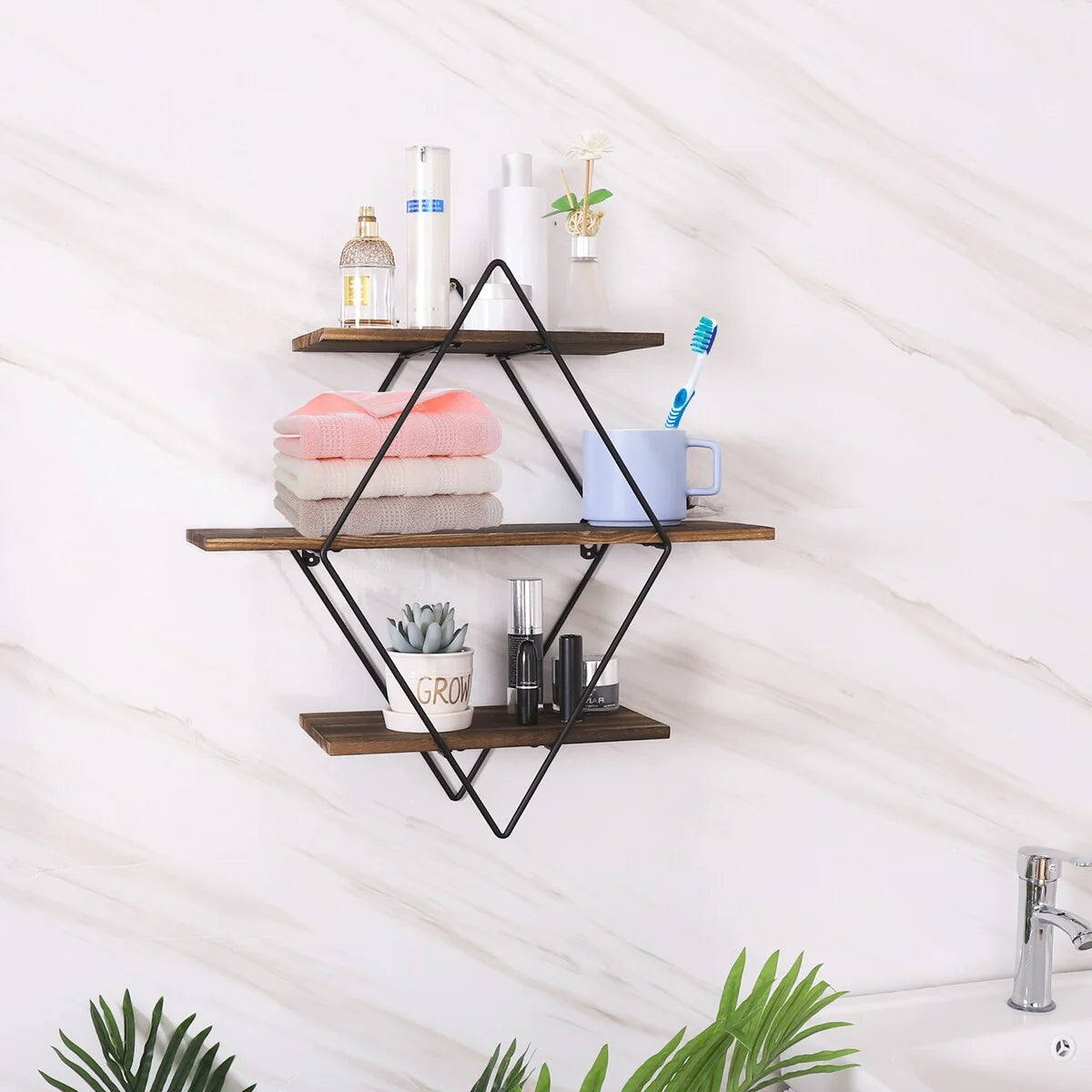 3Tier Metal Wall Shelves in Geometric Diamond for Home Display Storage