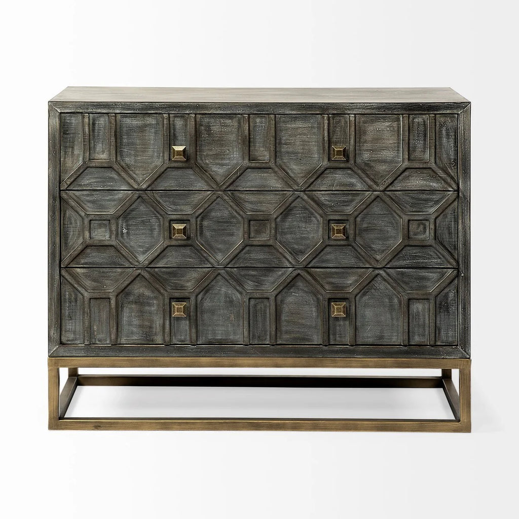 Genevieve I Gray Fir Veneer w/ Iron Frame & 3 Drawer Accent Cabinet - 39.0L x 15.7W x 30.9H