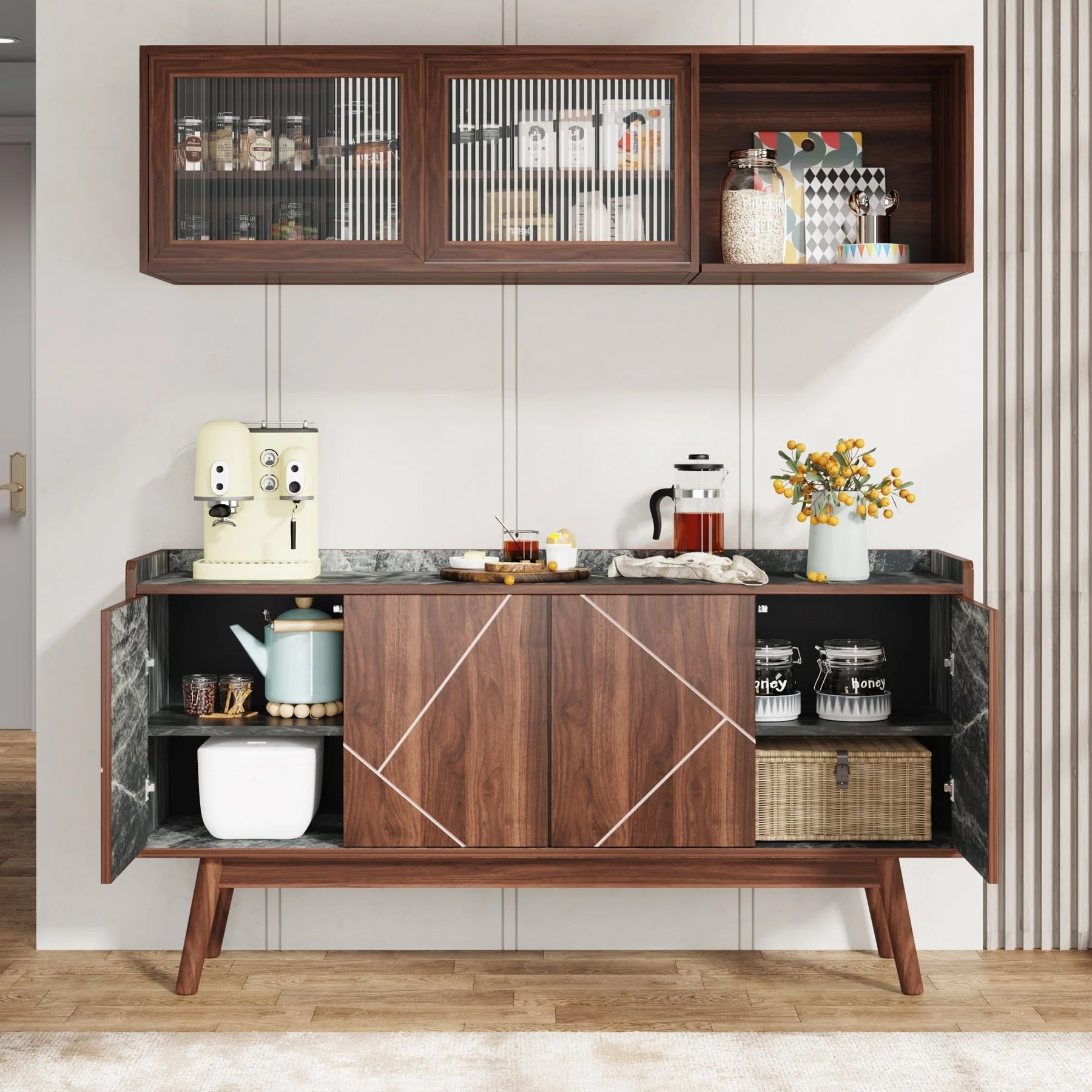 Wooden 4-door Buffet Sideboard with Storage for Kitchen Dining Room - N/A