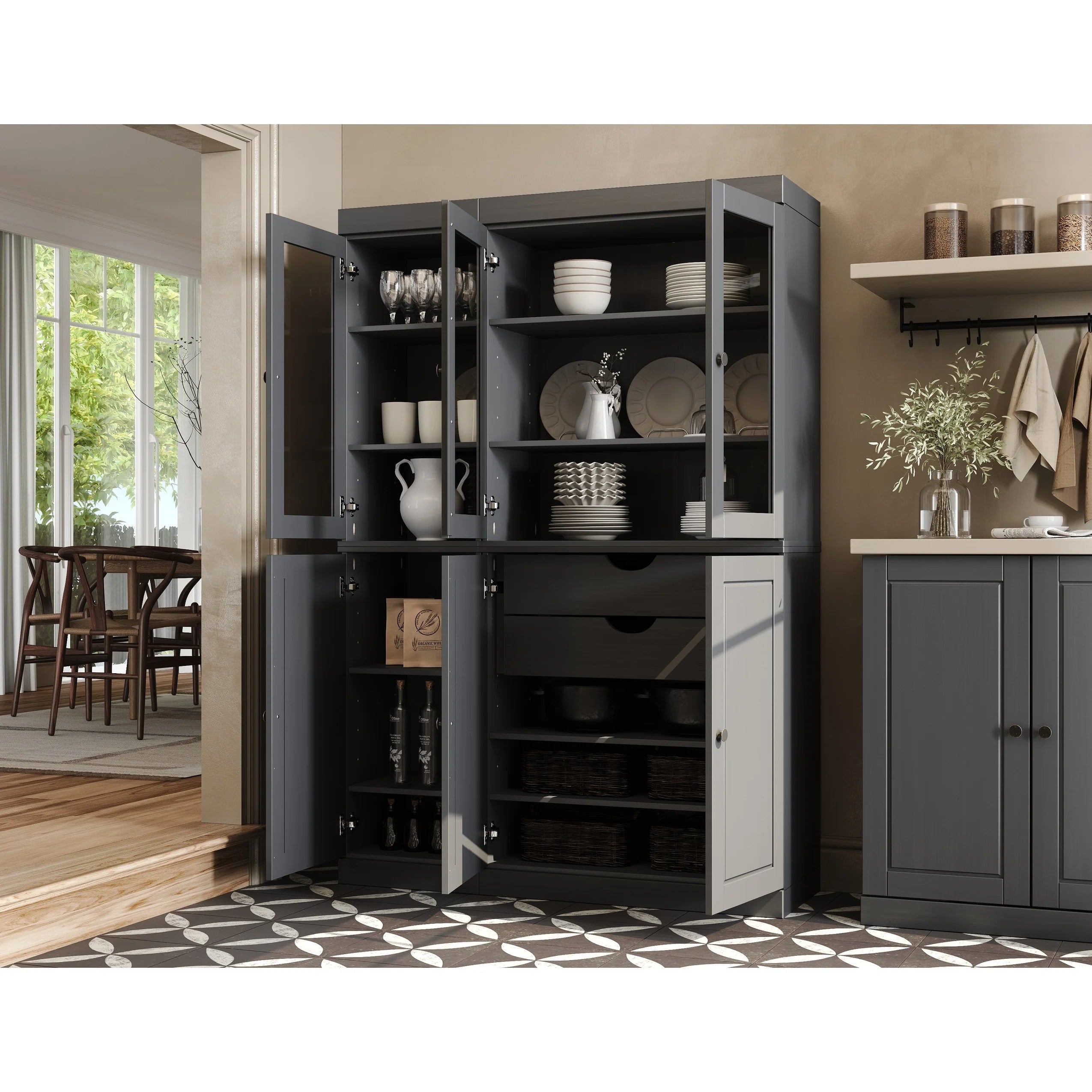Palace Imports 100% Solid Wood China Pantry with Glass or Solid Wood Doors and 2-Drawers - 48.5" x 71.5"