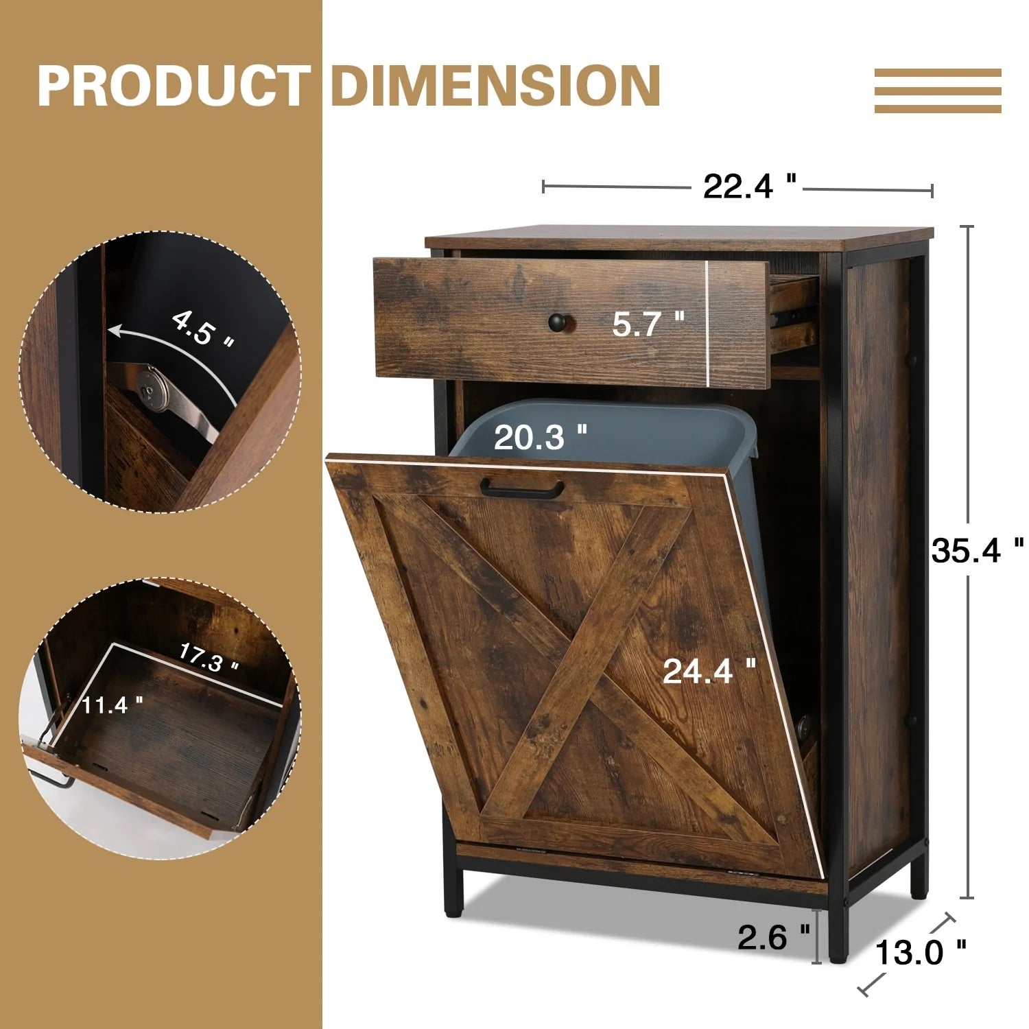 10 Gallon Tilt Out Kitchen Trash Cabinet Trash Can Wooden Tilts Out Hands Laundry Recycling Holder Brown
