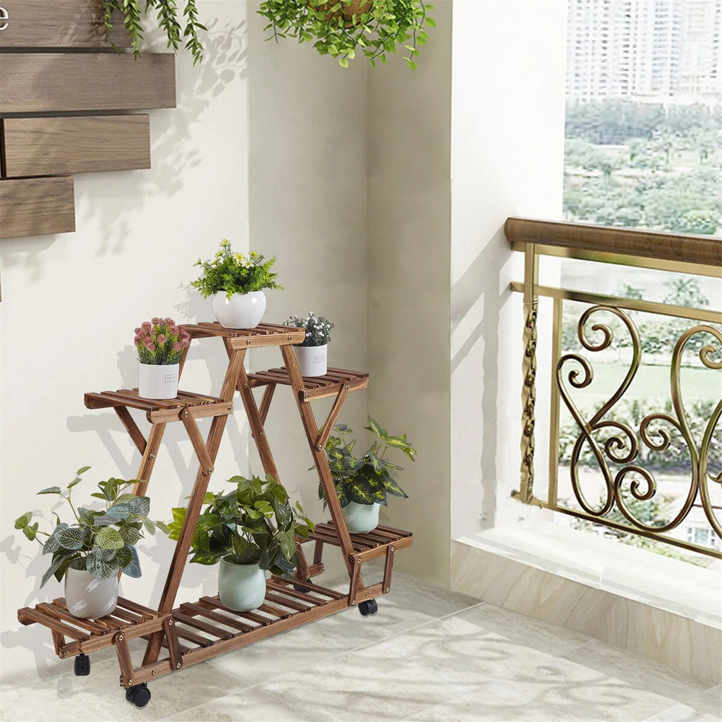 Movable Outdoor Ladder Plant Stand Garden Wood Rack with 6 Tiers