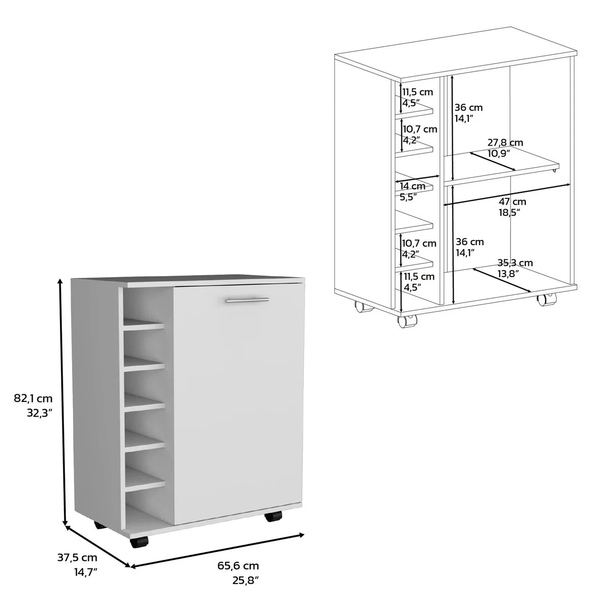 32" H white bar -coffee cart,living room cabinet storage with 4 wheels, with 6 bottle racks, a central shelf covered by 1 door