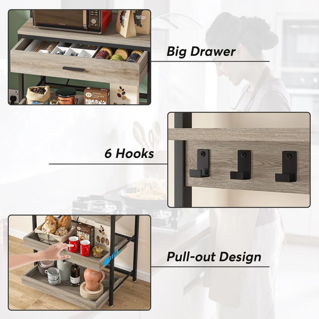Kitchen Bakers Rack with Power Outlets, High Utility Storage Shelves Microwave Stand with Drawers