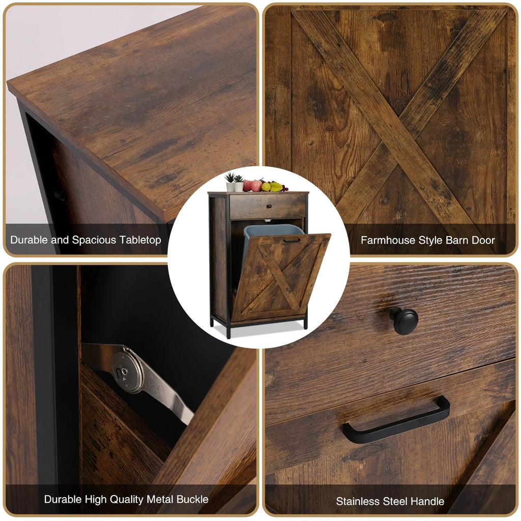 10 Gallon Tilt Out Kitchen Trash Cabinet Trash Can Wooden Tilts Out Hands Laundry Recycling Holder Brown