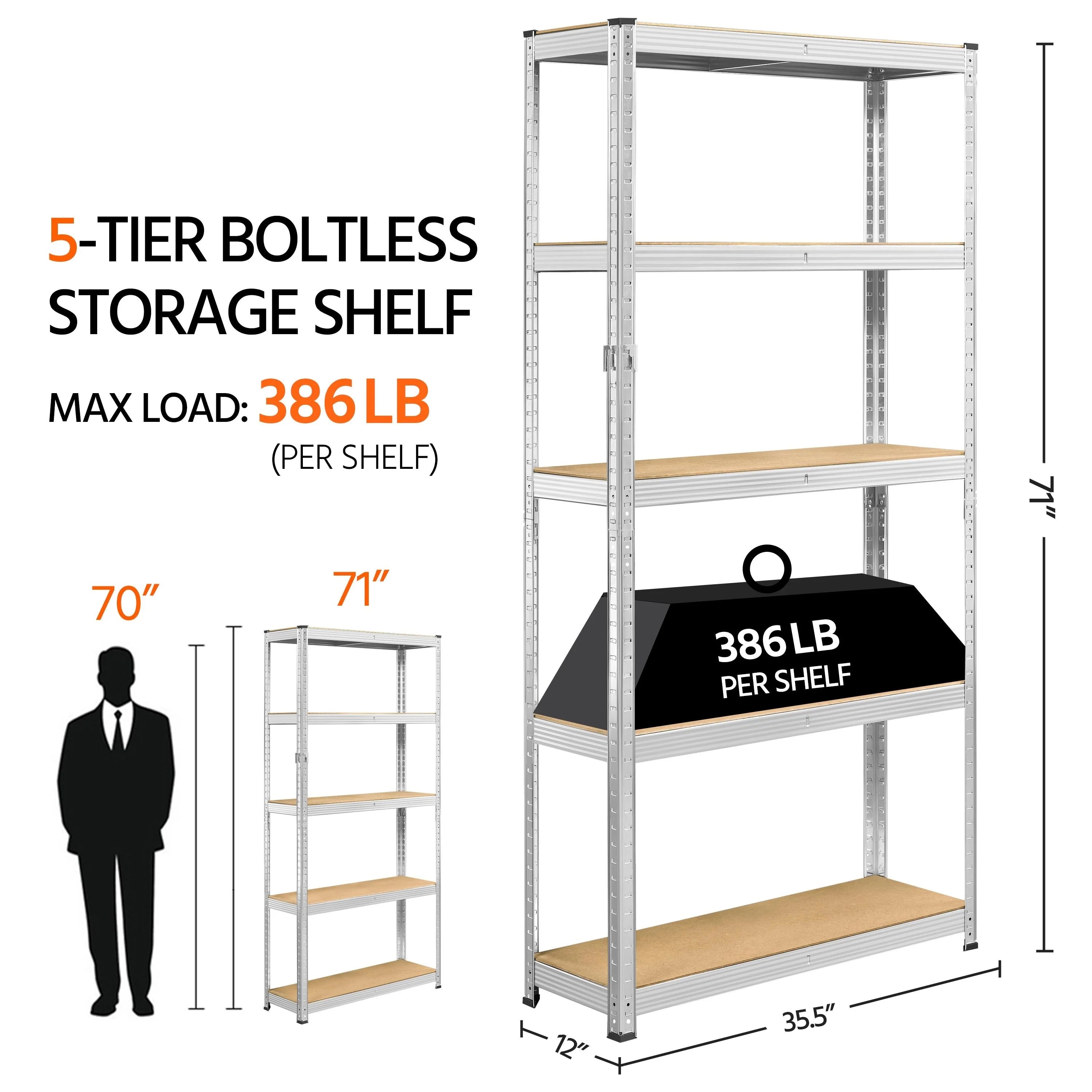 Yaheetech Adjustable 5-Tier Shelf Metal Storage Rack for Home/Office/Garage - 35.5″ L × 12″ W × 71″ H
