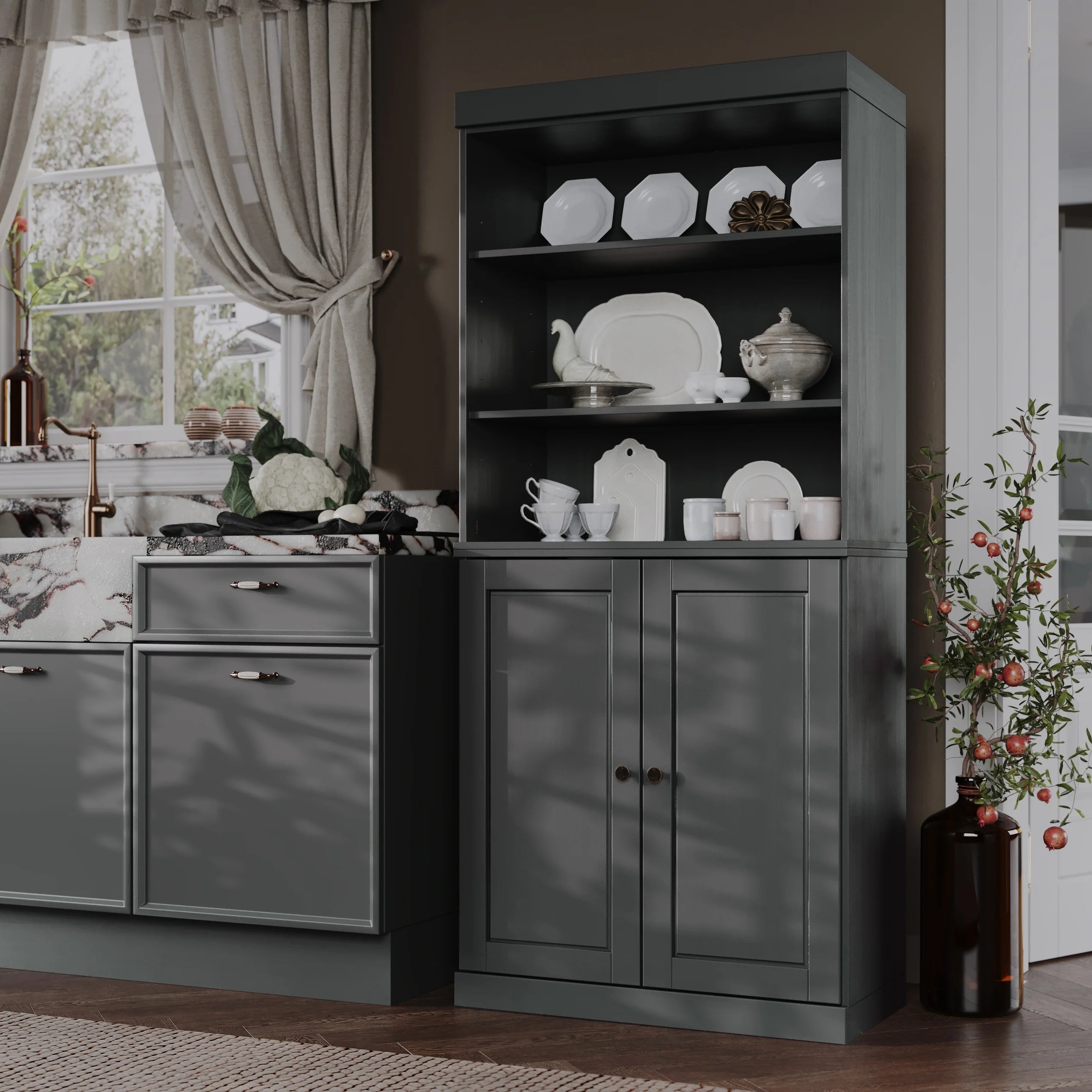 100% Solid Wood Kitchen Pantry Cabinet with 2 Clear Glass or Solid Wood Doors and 2-Drawer Organizer by Palace Imports