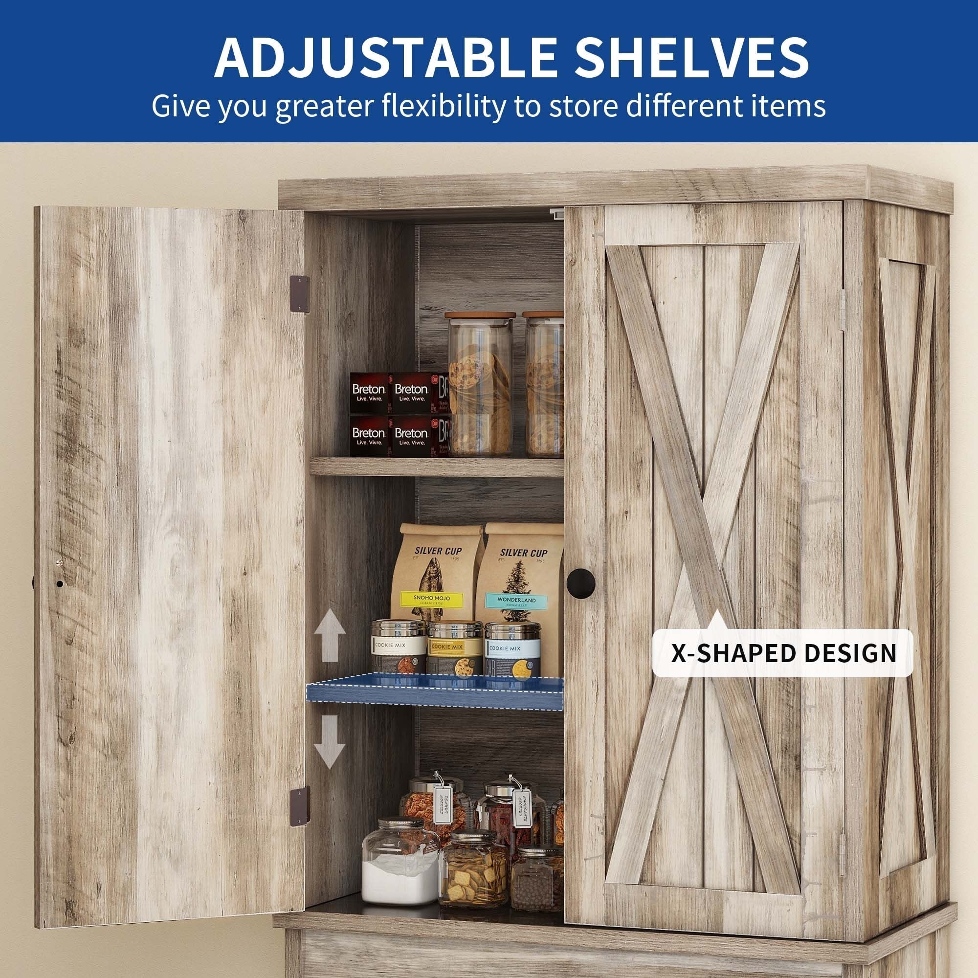 Moasis Farmhouse Freestanding 72'' Kitchen Pantry Storage Cabinet Cupboard with Drawer Adjustable Shelves