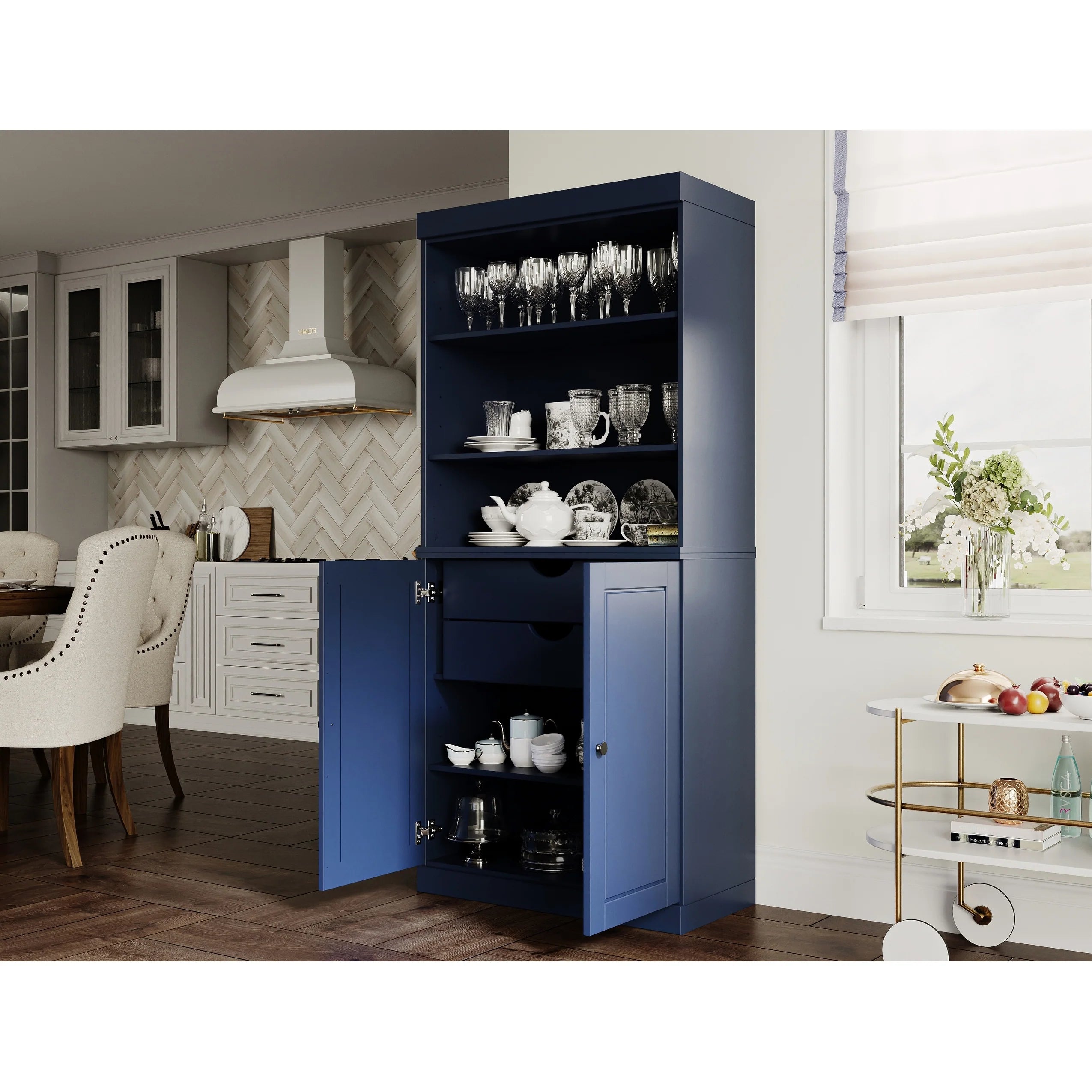 100% Solid Wood Kitchen Pantry Cabinet with 2 Clear Glass or Solid Wood Doors and 2-Drawer Organizer by Palace Imports
