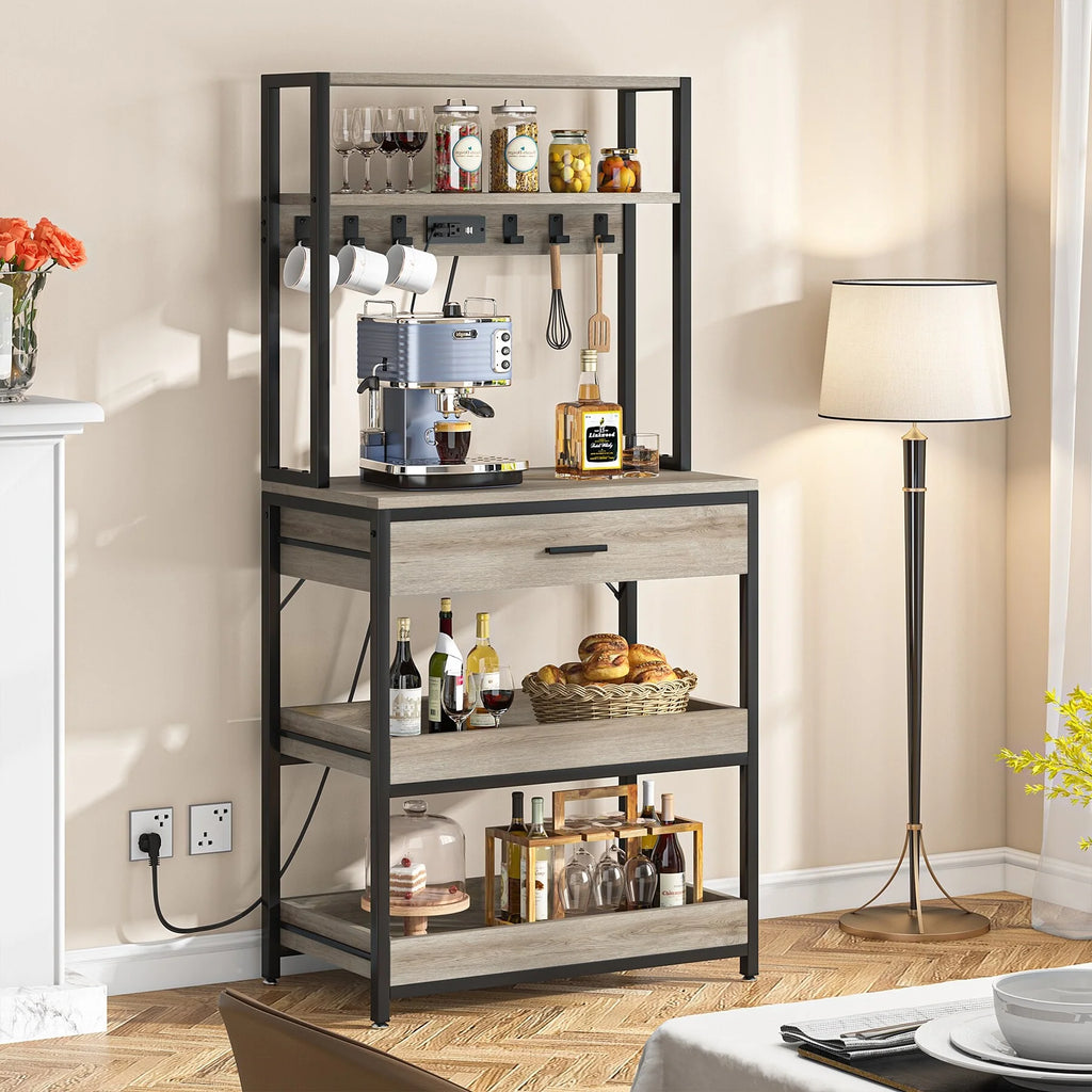 Kitchen Bakers Rack with Power Outlets, High Utility Storage Shelves Microwave Stand with Drawers
