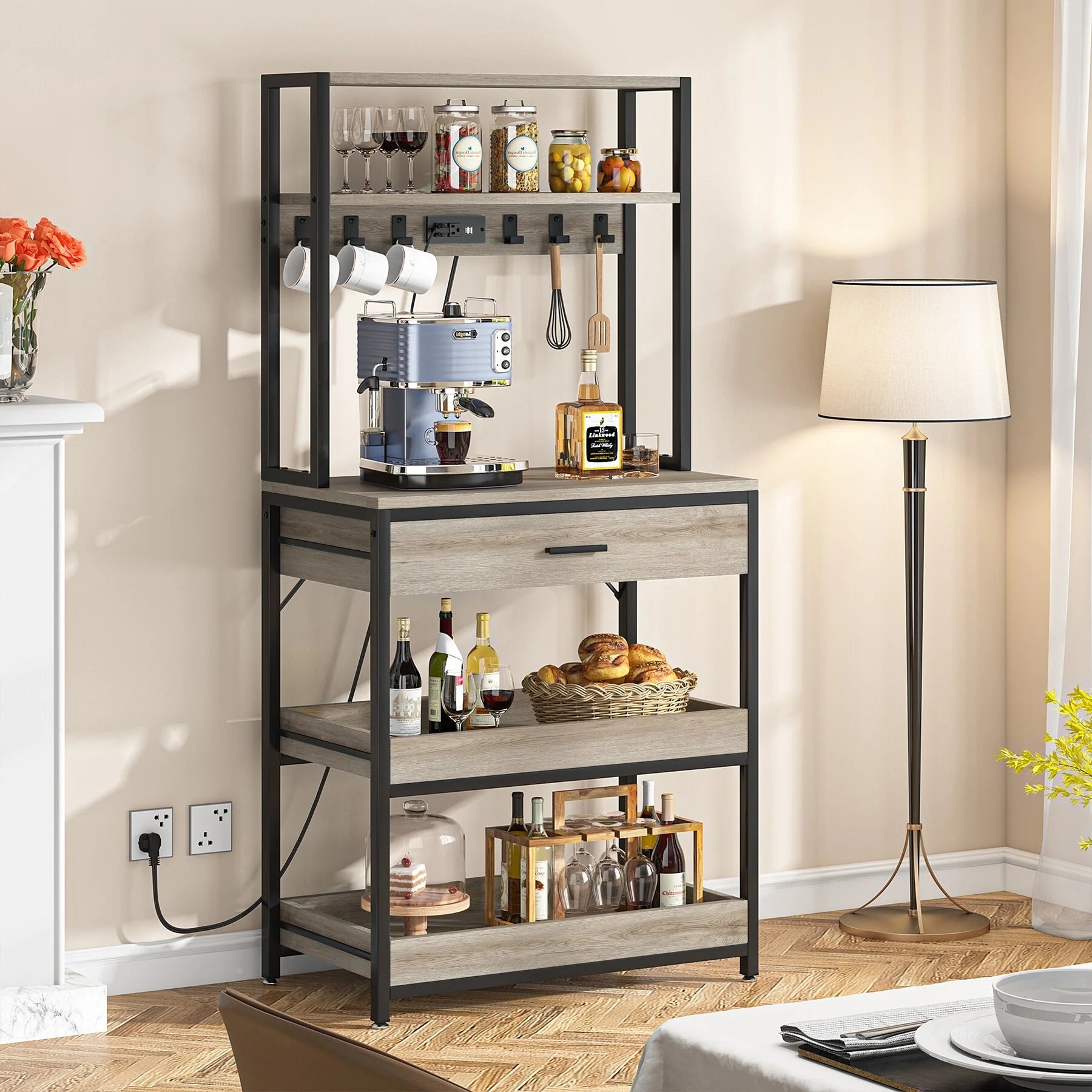 Kitchen Bakers Rack with Power Outlets, High Utility Storage Shelves Microwave Stand with Drawers