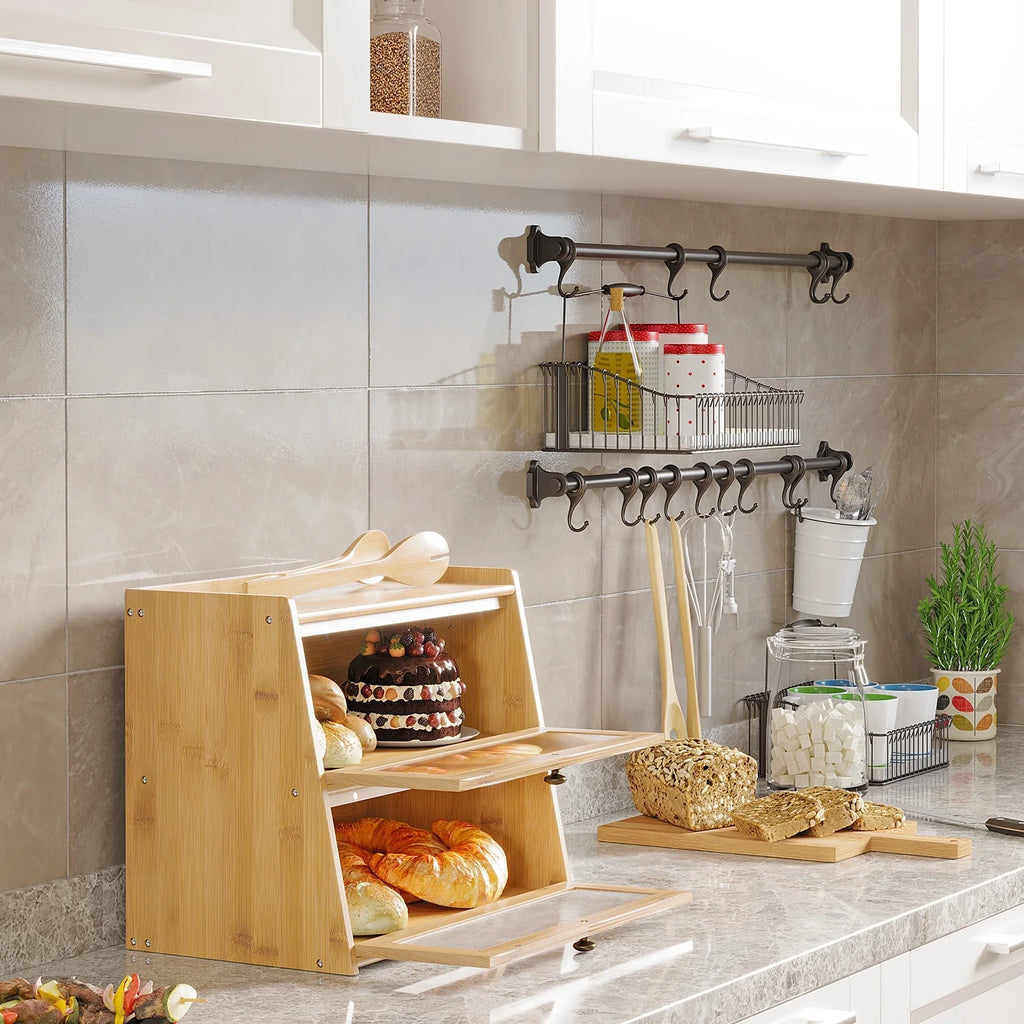 Double Layer Bamboo Bread Box for Kitchen Counter, Large Capacity Bread Storage Bin with Window Bread Holder.