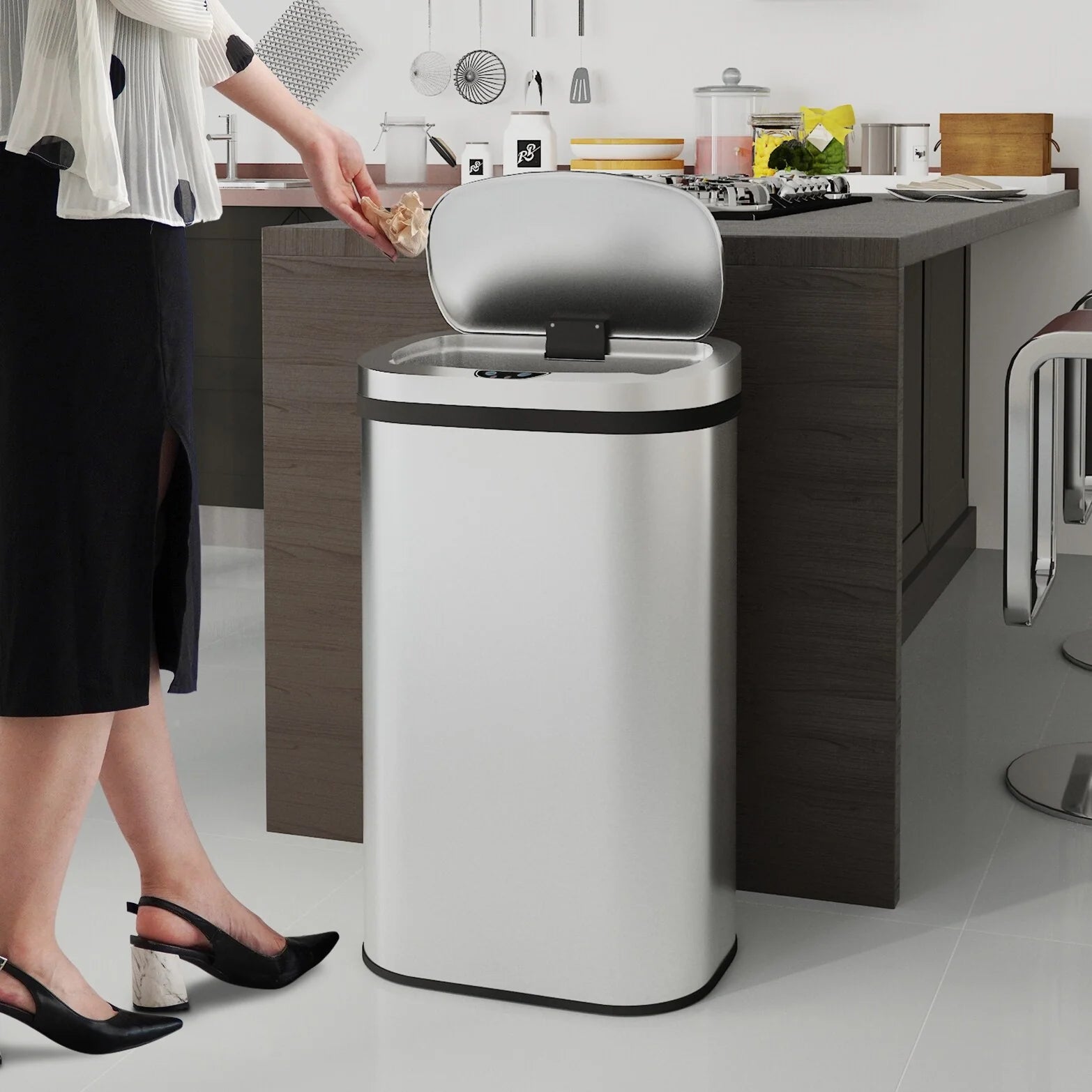 Innovaze 15.6 Gal./60 Liter Stainless Steel Oval Motion Sensor Trash Can for Kitchen
