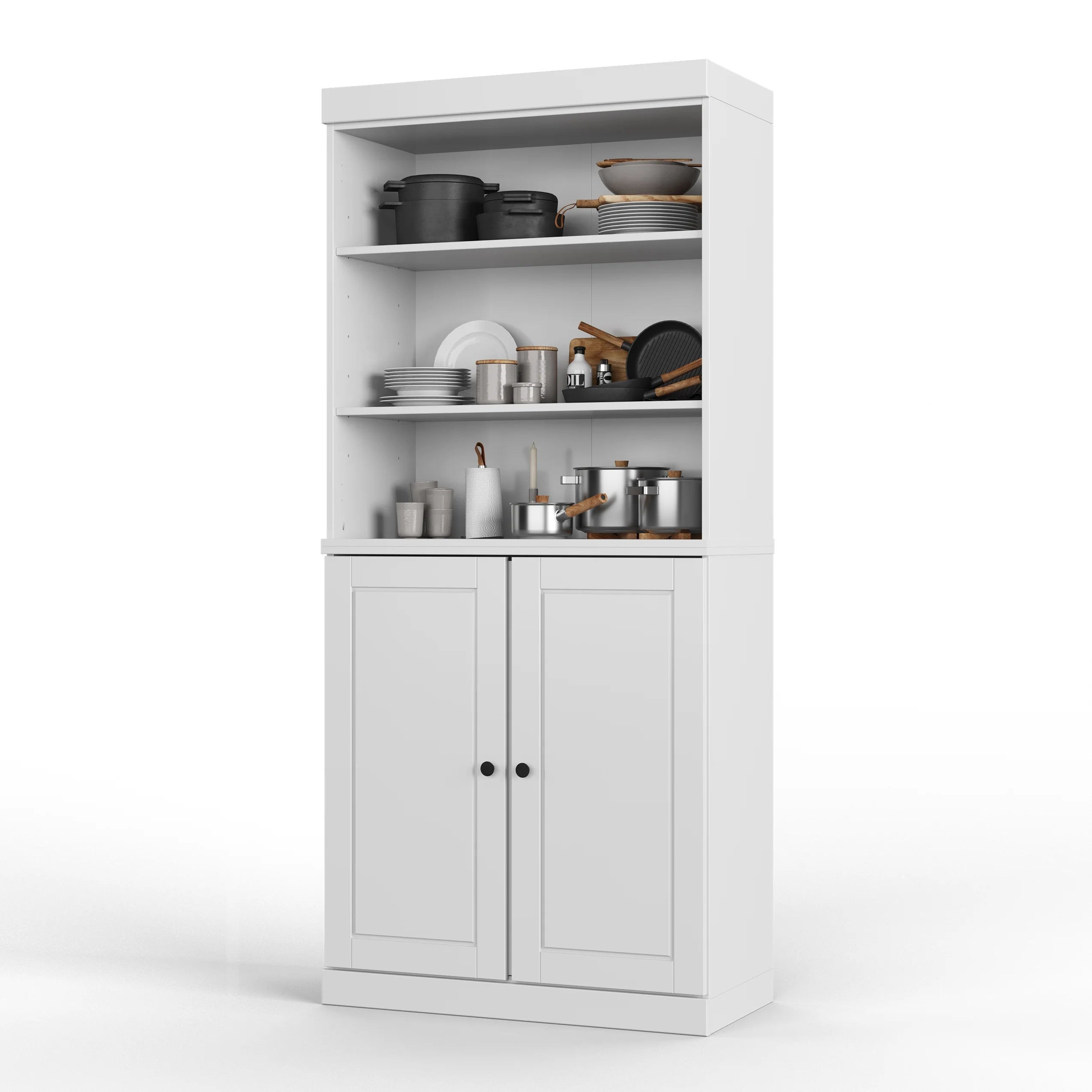 100% Solid Wood Kitchen Pantry Cabinet with 2 Clear Glass or Solid Wood Doors and 2-Drawer Organizer by Palace Imports