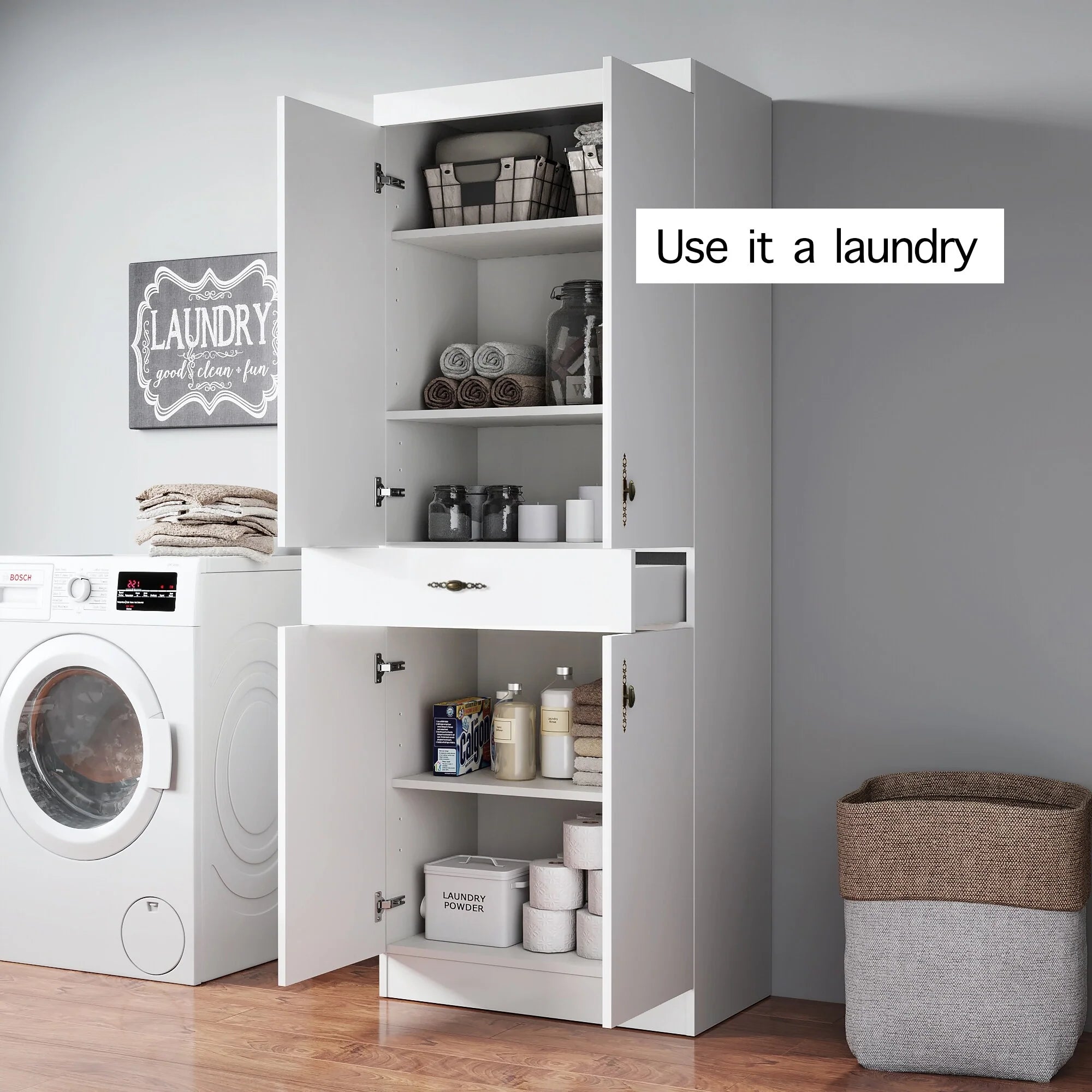 Living Skog Monti Food Pantry Storage Kitchen Cabinet with Adjustable Shelves and Drawer