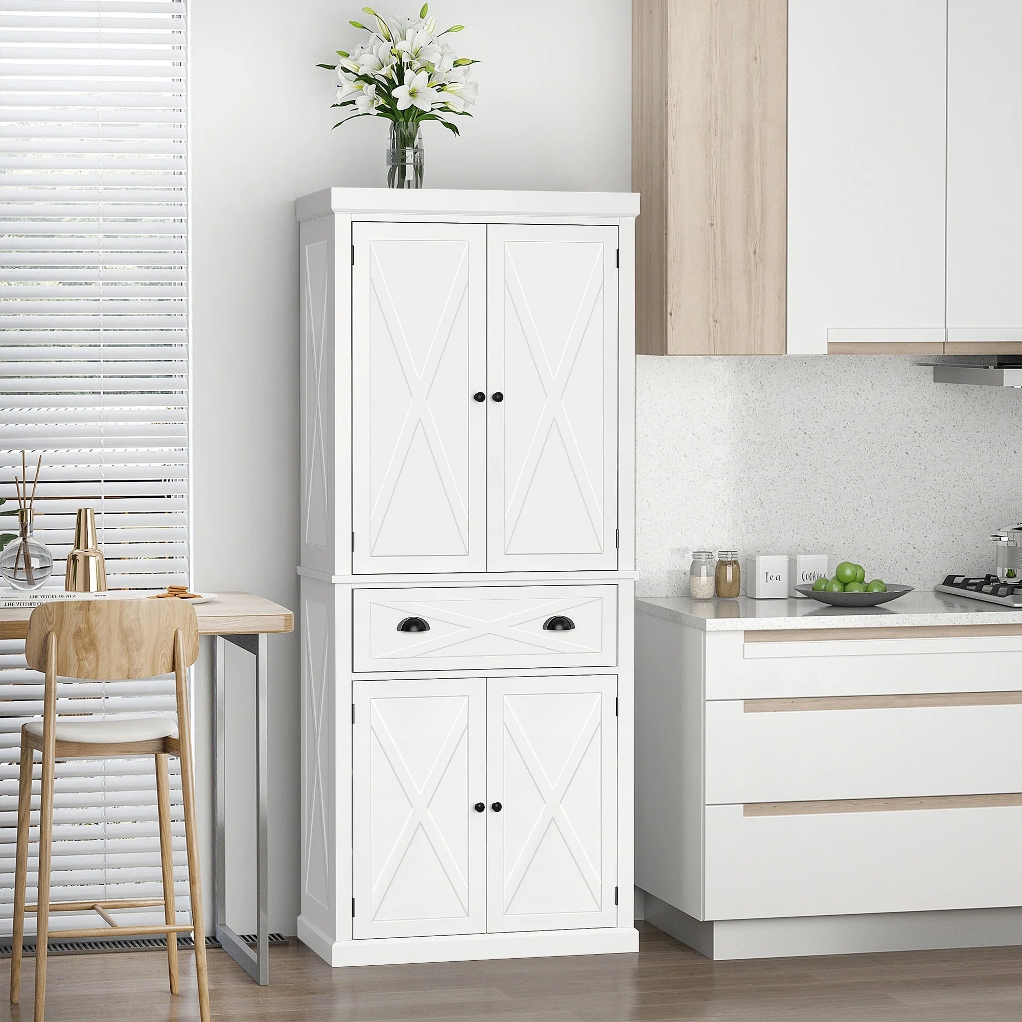 HOMCOM Freestanding Modern Farmhouse 4 Door Kitchen Pantry Cabinet, Storage Cabinet Organizer with 6-Tiers